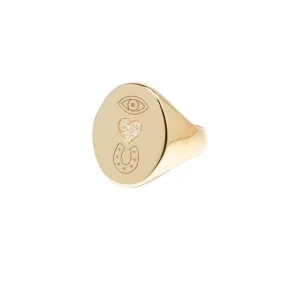 14k Pavé Diamond Eye Heart U Oval Signet Ring - SALE