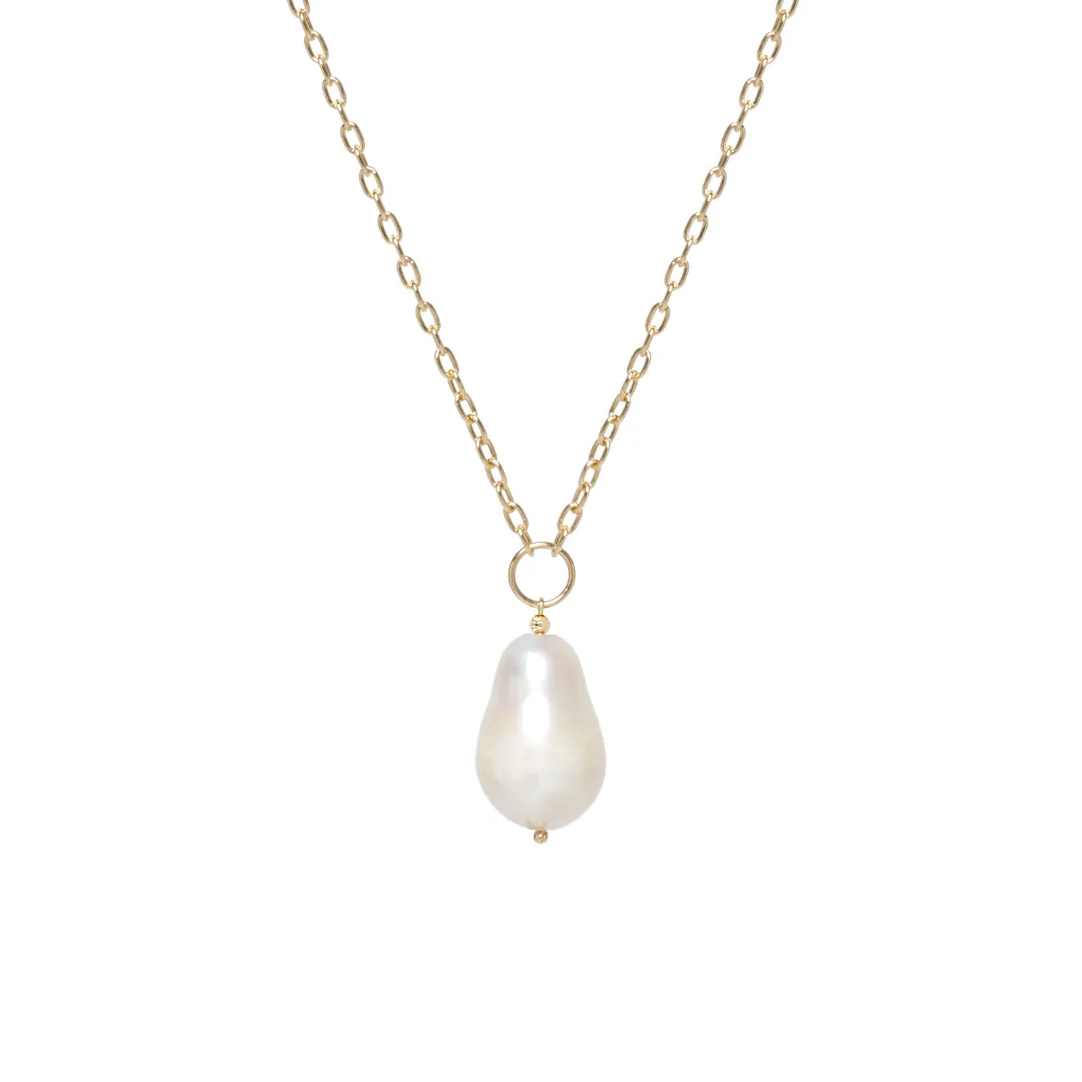 14k Small Square Oval Link Baroque Pearl Long Necklace