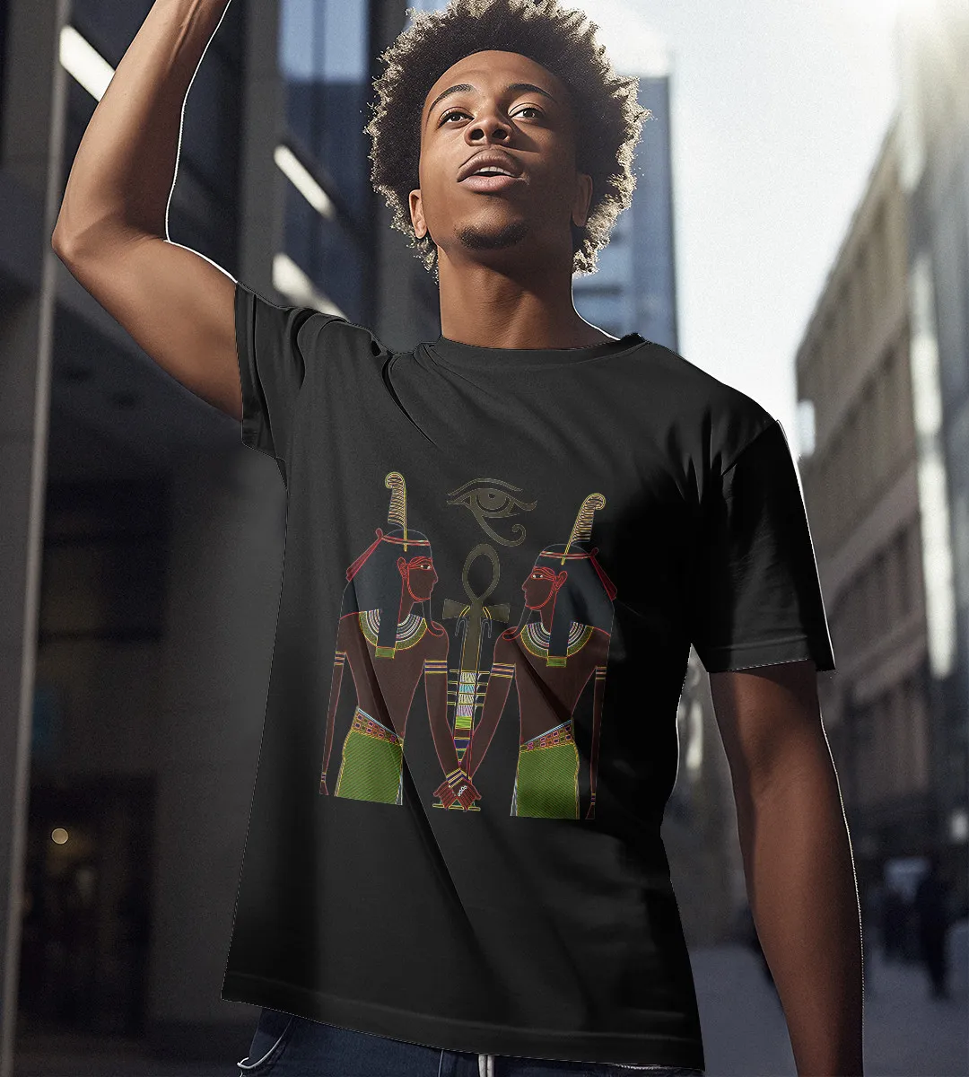 1sttheworld T-Shirt - Egyptian God Shu Kemetic African T-Shirt Black A35