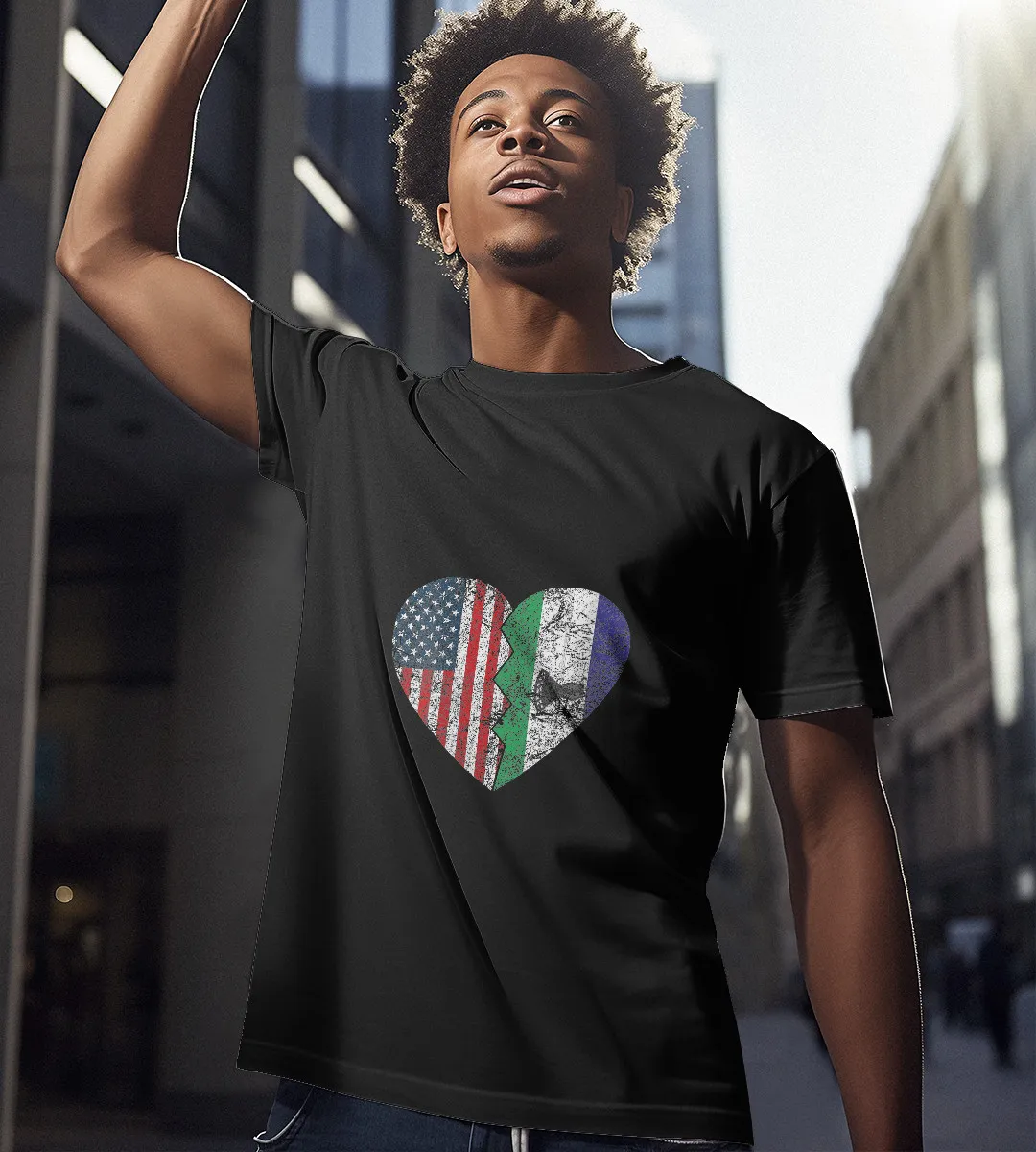 1sttheworld T-Shirt - Flags Heart United States Lesotho Roots T-Shirt Black A35