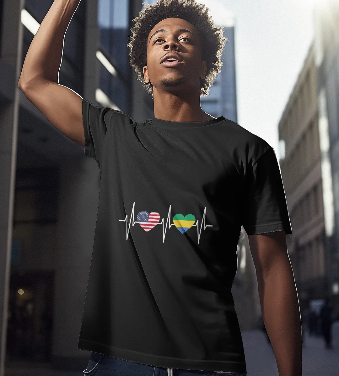 1sttheworld T-Shirt - Heartbeat America Gabonese Flag Heart T-Shirt Black A35