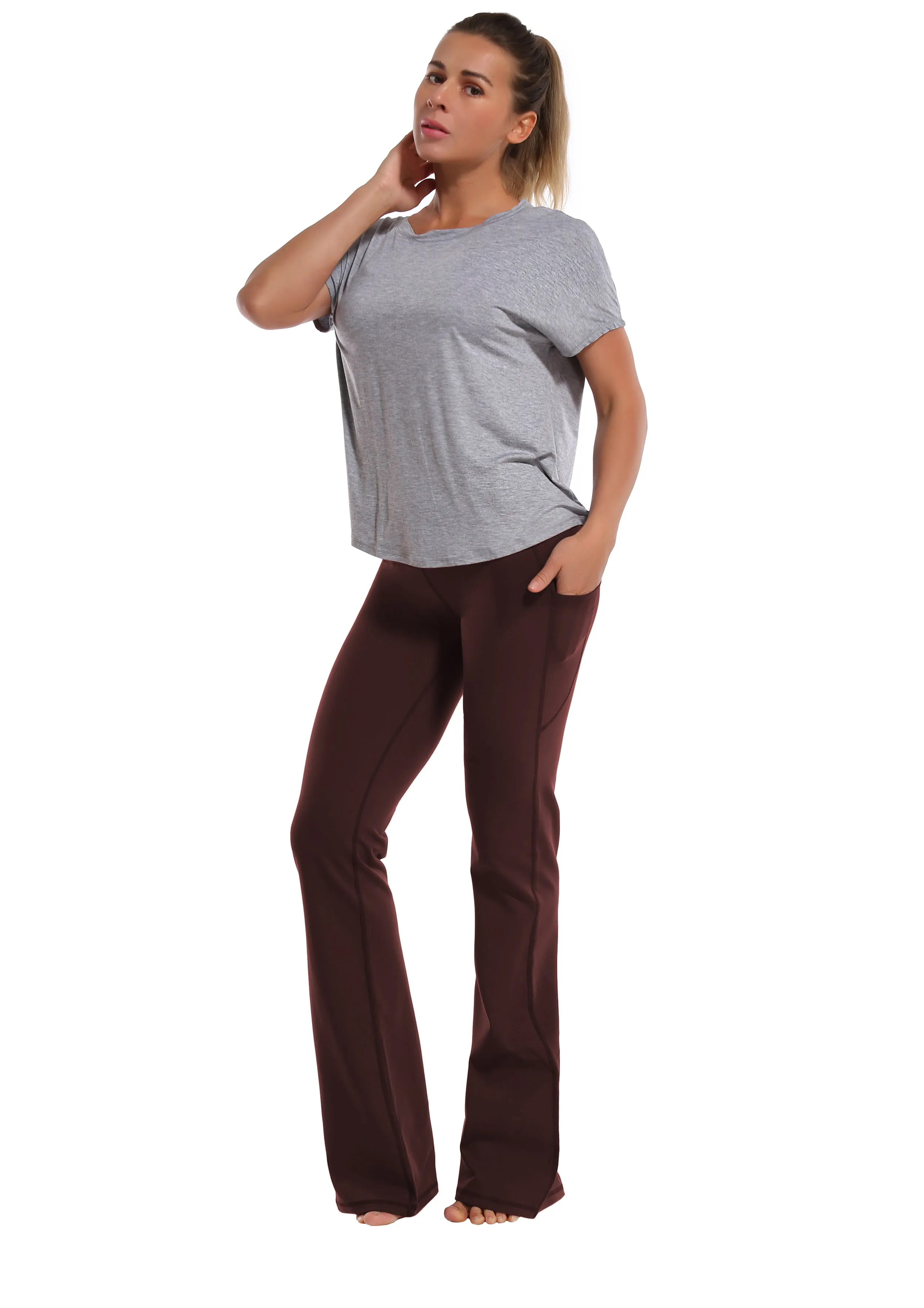 29" 31" 33" 35" 37"  Side Pockets Bootcut Leggings mahoganymaroon