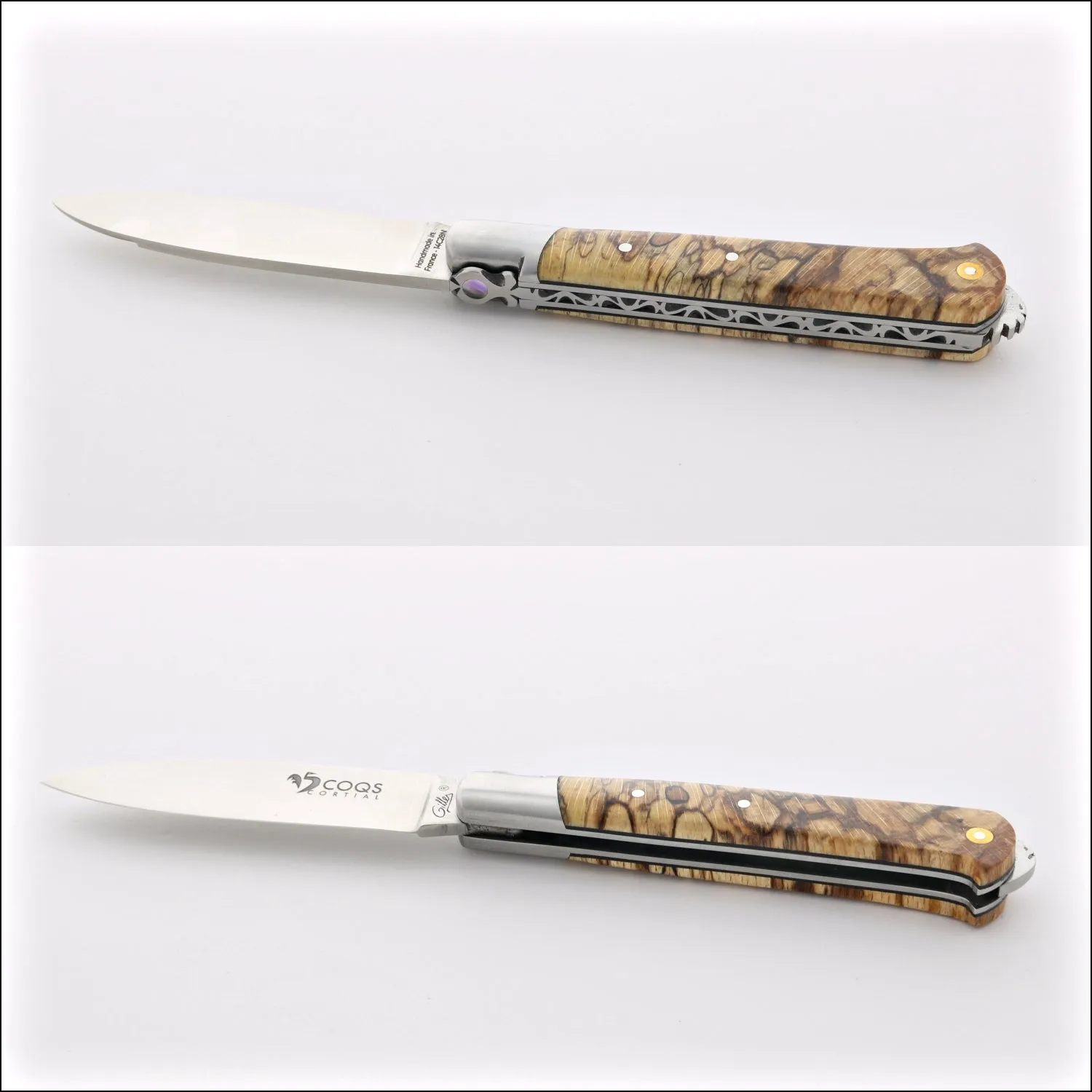 5 Coqs Pocket Knife - Burled Beech End Grain & Mother of Pearl Inlay