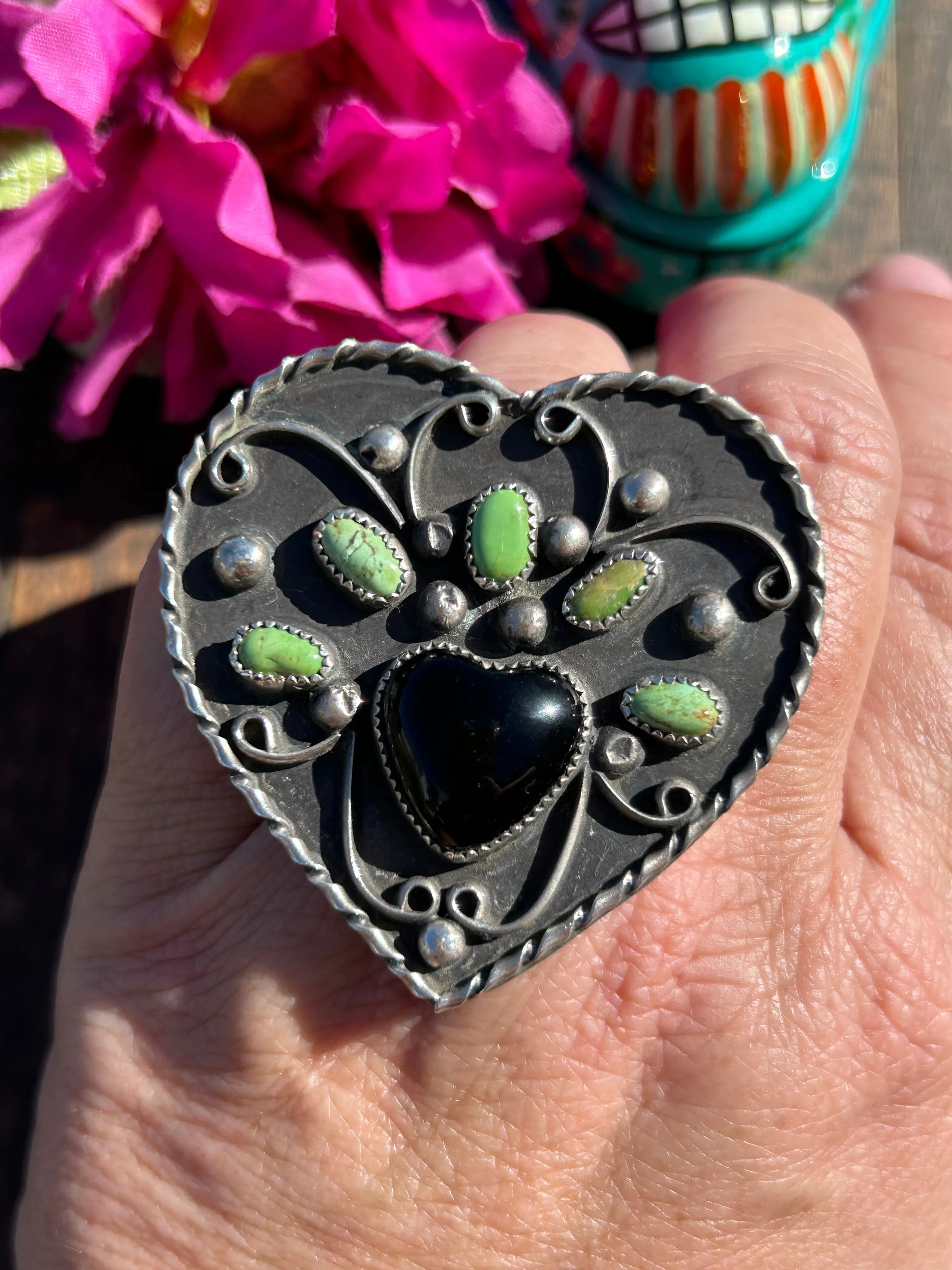 Adjustable Kingman And Black Onyx Heart Ring #7