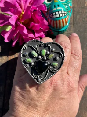 Adjustable Kingman And Black Onyx Heart Ring #7