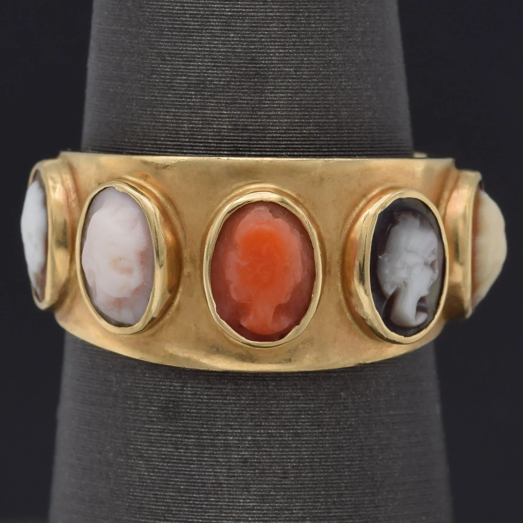 Antique 14K Yellow Gold Red Angel Skin Coral, Mother of Pearl & Shell Cameo Ring