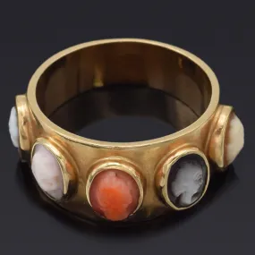 Antique 14K Yellow Gold Red Angel Skin Coral, Mother of Pearl & Shell Cameo Ring