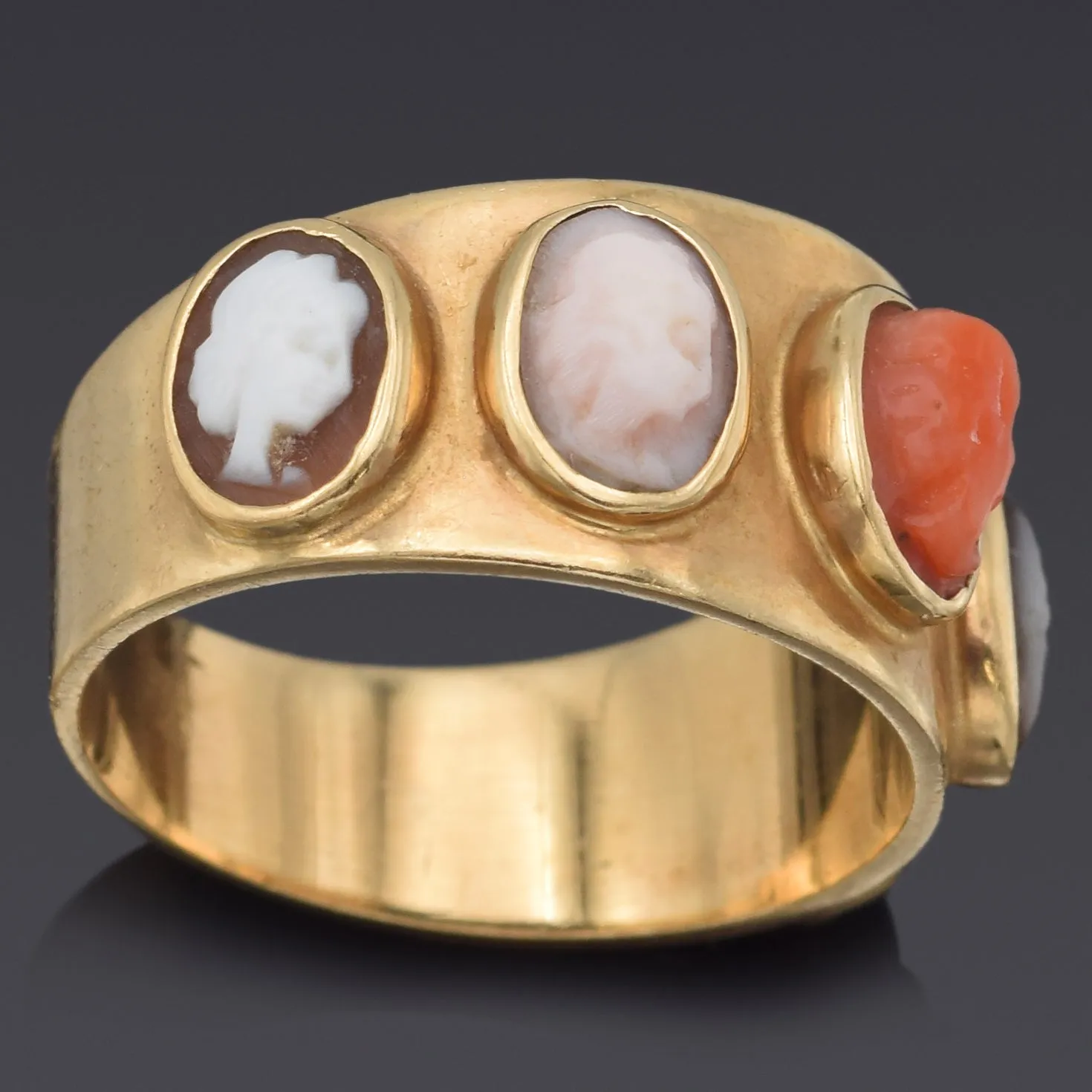 Antique 14K Yellow Gold Red Angel Skin Coral, Mother of Pearl & Shell Cameo Ring