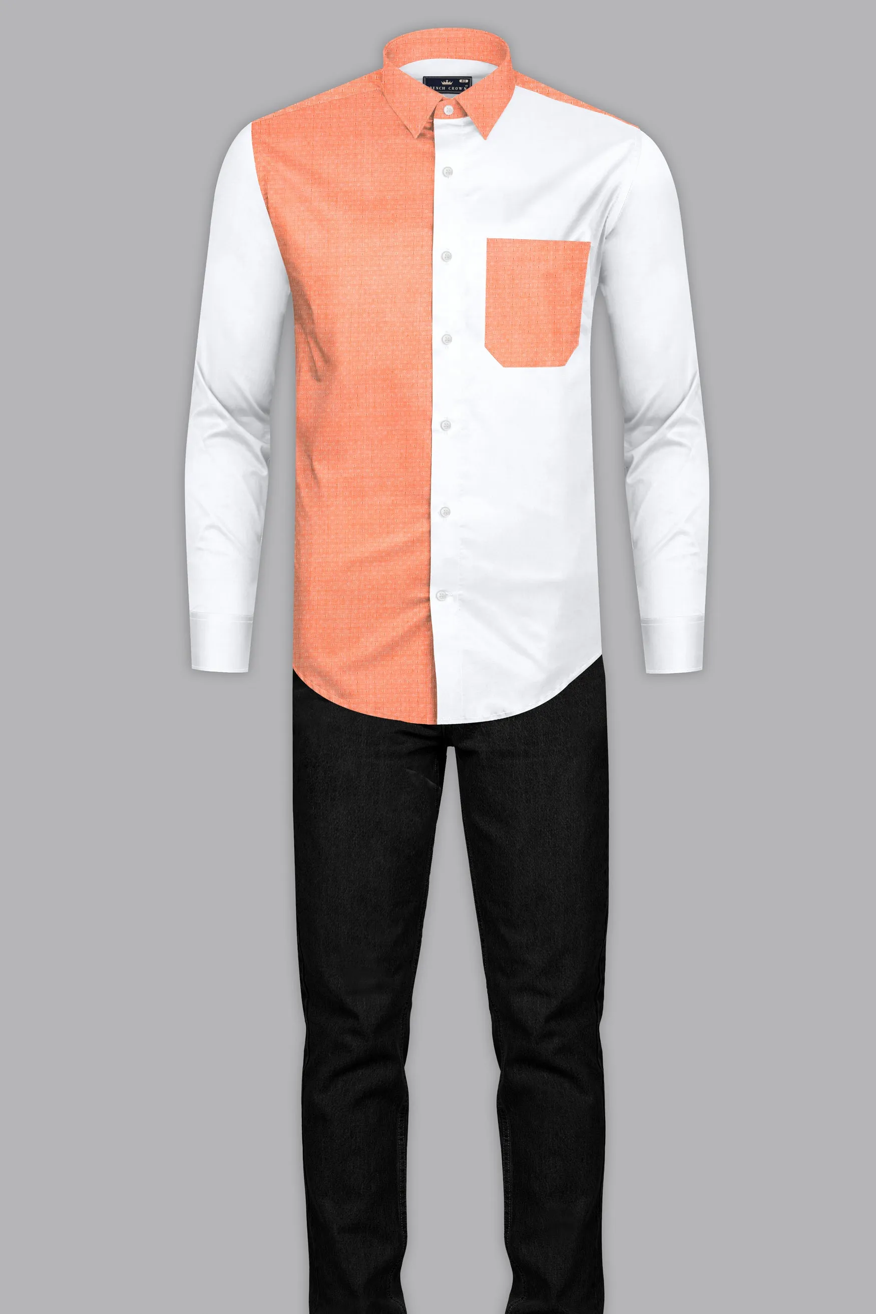 Apricot Orange with Bright White Half and Half Dobby Textured Premium Giza Cotton Designer Shirt