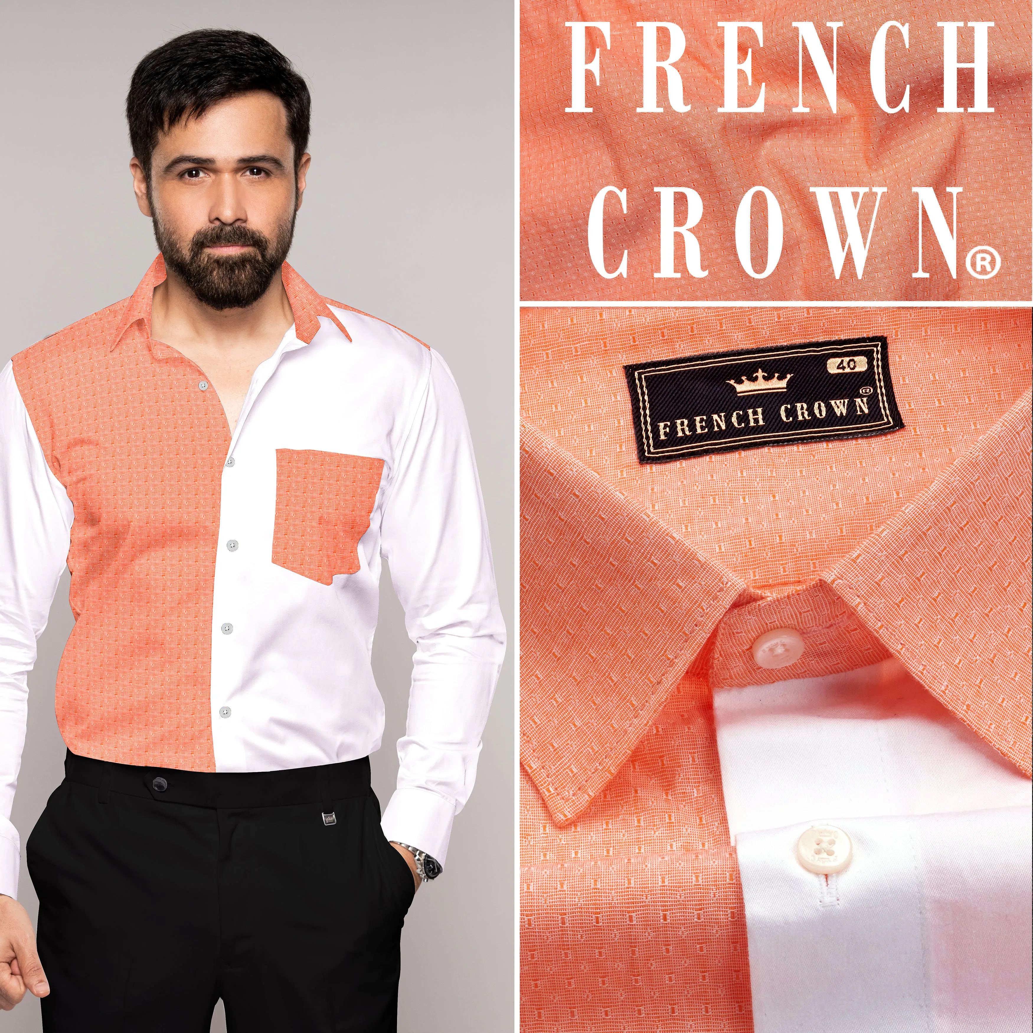 Apricot Orange with Bright White Half and Half Dobby Textured Premium Giza Cotton Designer Shirt