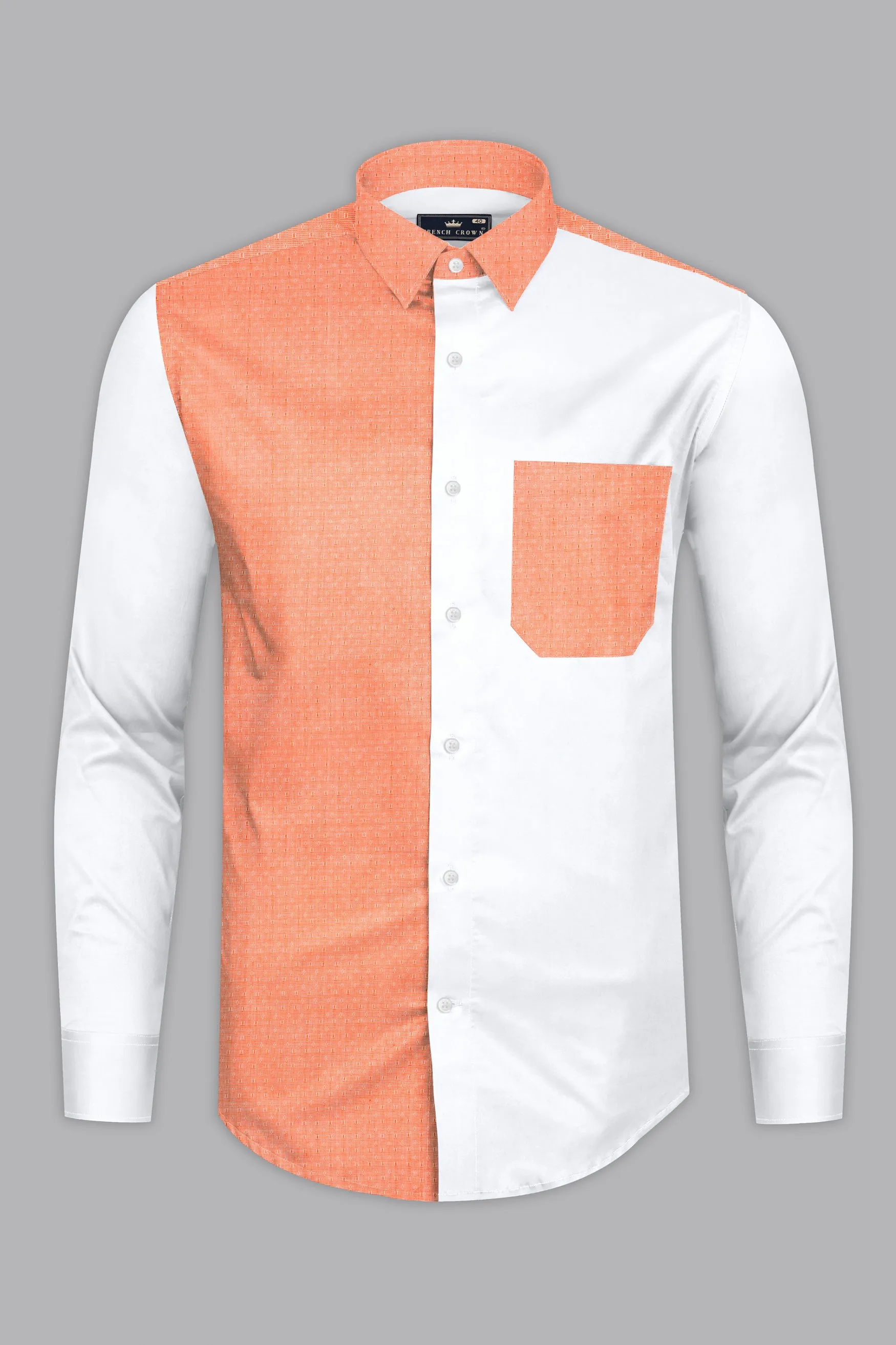 Apricot Orange with Bright White Half and Half Dobby Textured Premium Giza Cotton Designer Shirt