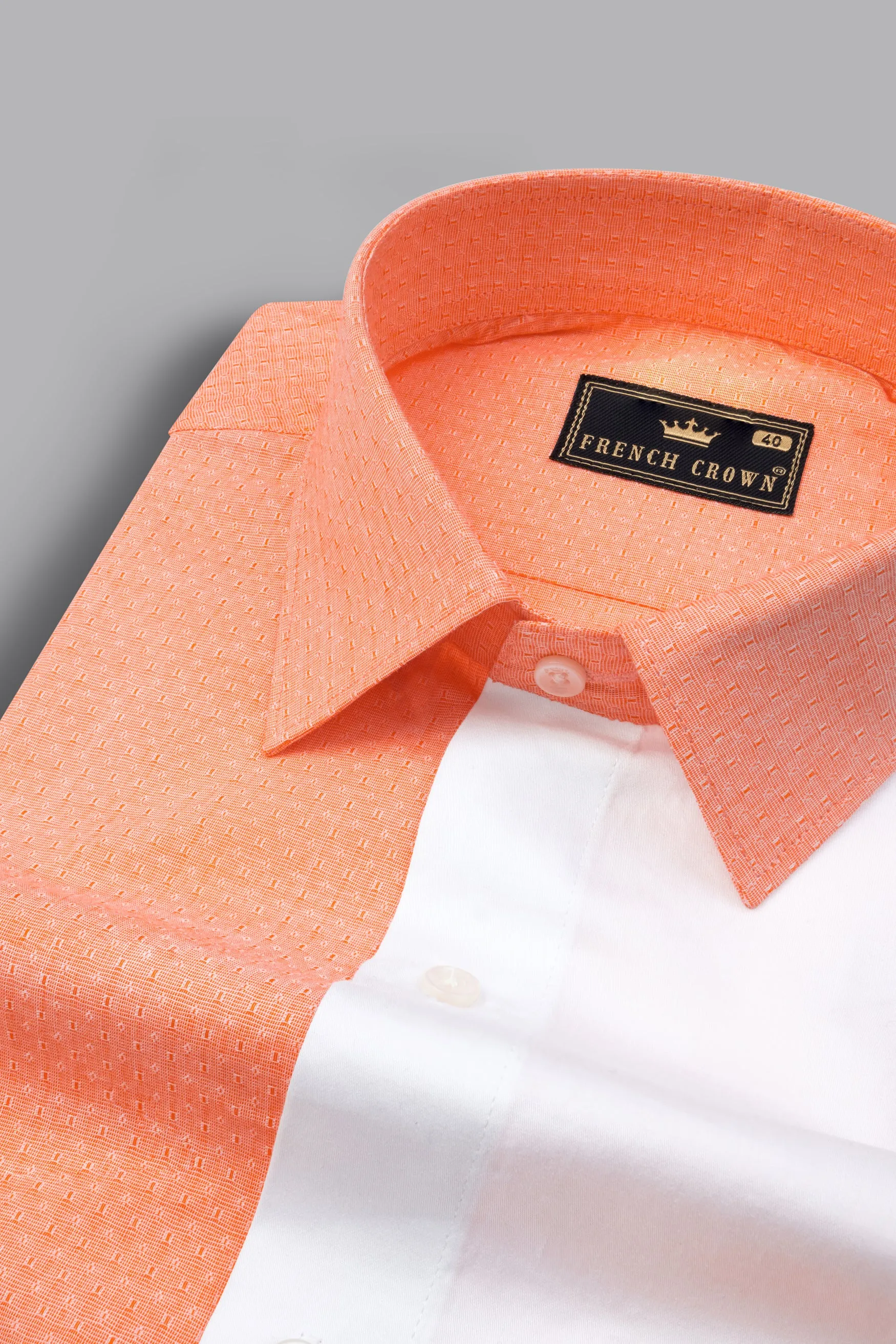 Apricot Orange with Bright White Half and Half Dobby Textured Premium Giza Cotton Designer Shirt