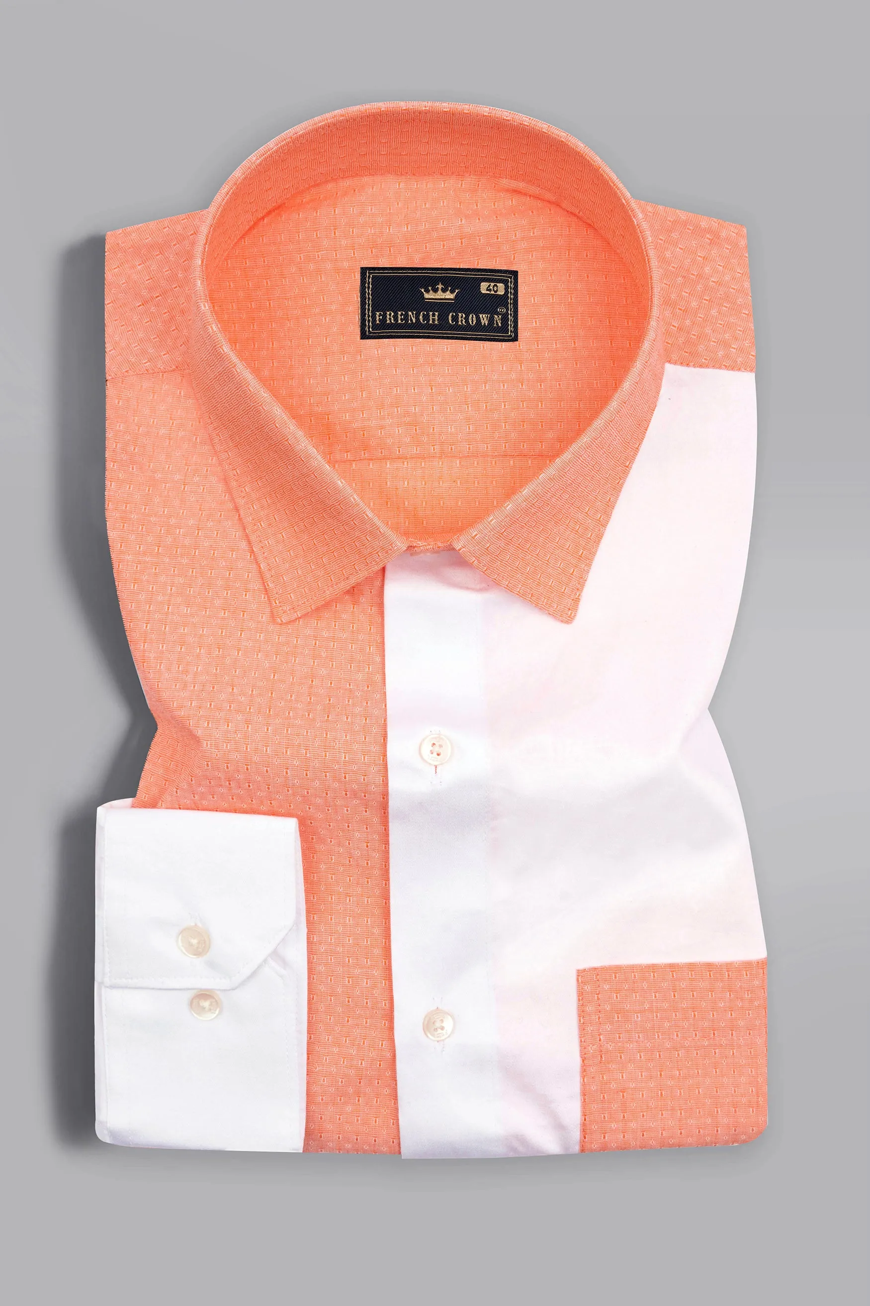 Apricot Orange with Bright White Half and Half Dobby Textured Premium Giza Cotton Designer Shirt