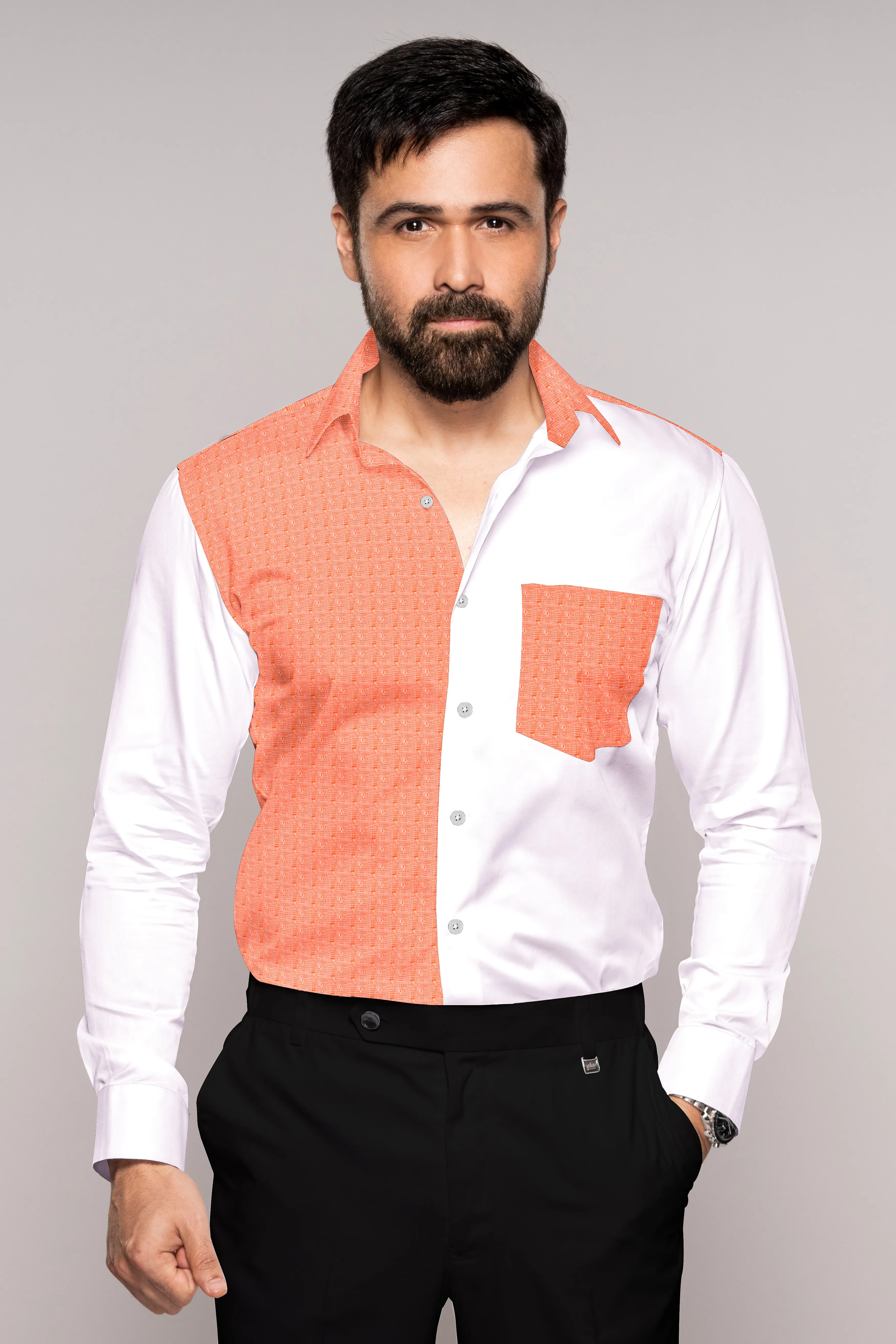 Apricot Orange with Bright White Half and Half Dobby Textured Premium Giza Cotton Designer Shirt