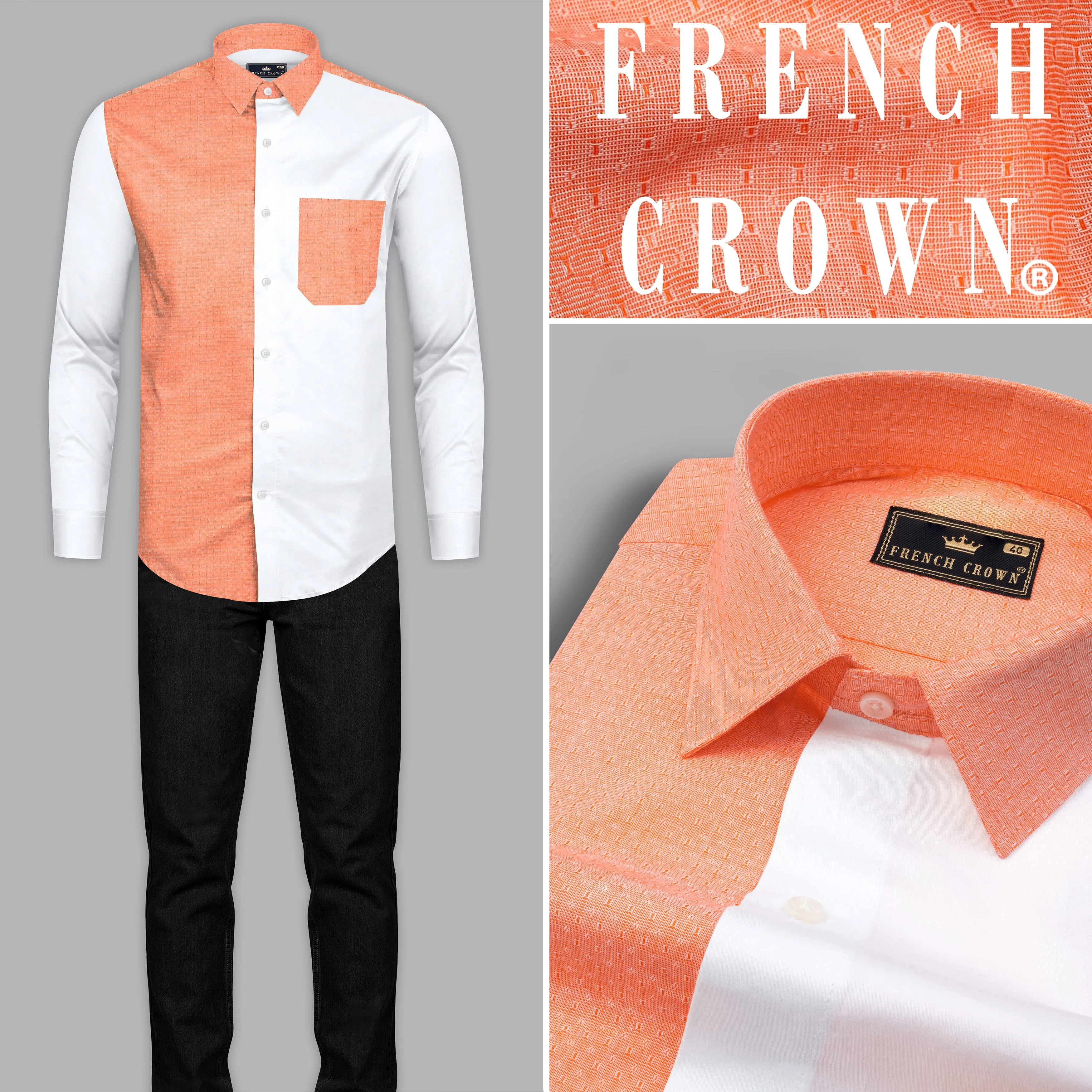 Apricot Orange with Bright White Half and Half Dobby Textured Premium Giza Cotton Designer Shirt