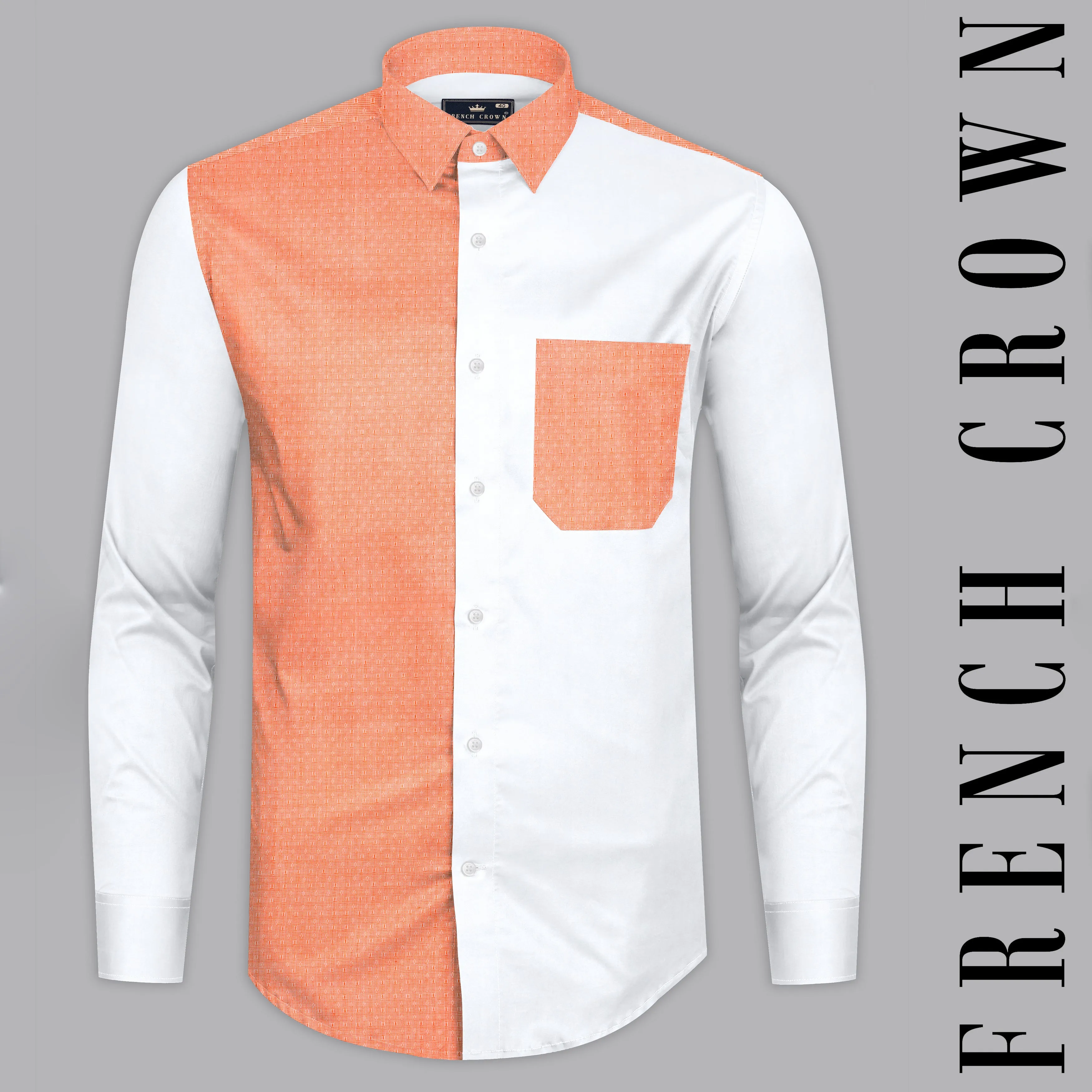 Apricot Orange with Bright White Half and Half Dobby Textured Premium Giza Cotton Designer Shirt