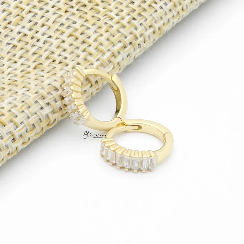 Baguette Cut CZ Huggie Hoop Earrings - Gold