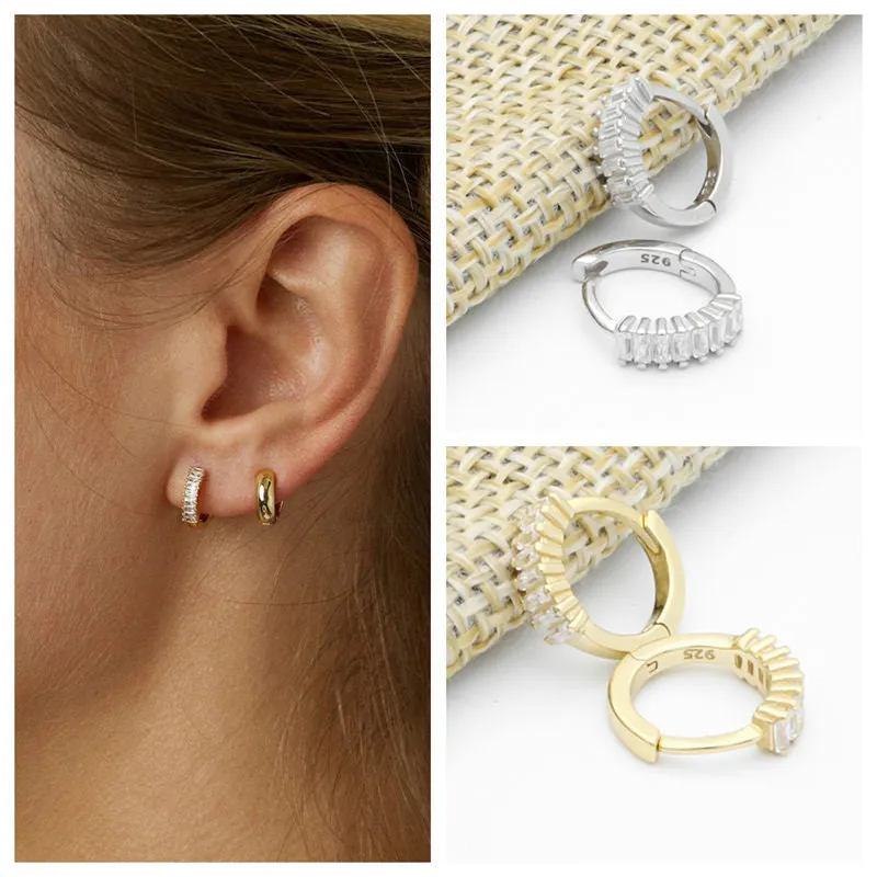 Baguette Cut CZ Huggie Hoop Earrings - Gold