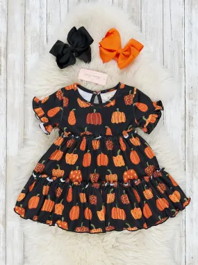 Black & Orange Pumpkin Patch Tiered Ruffle Dress