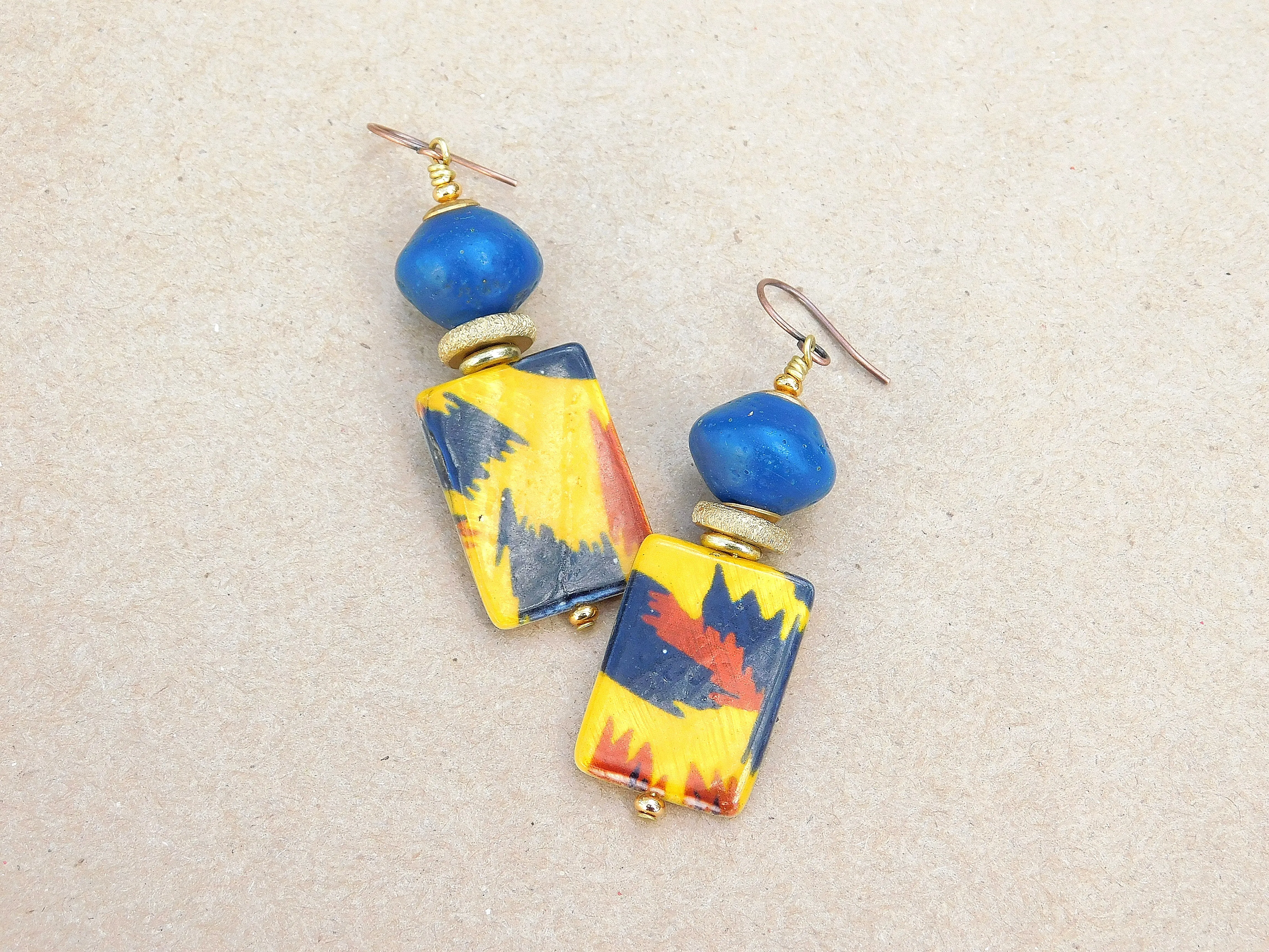 Blue Bicone and Tiger Print Mother of Pearl Earrings