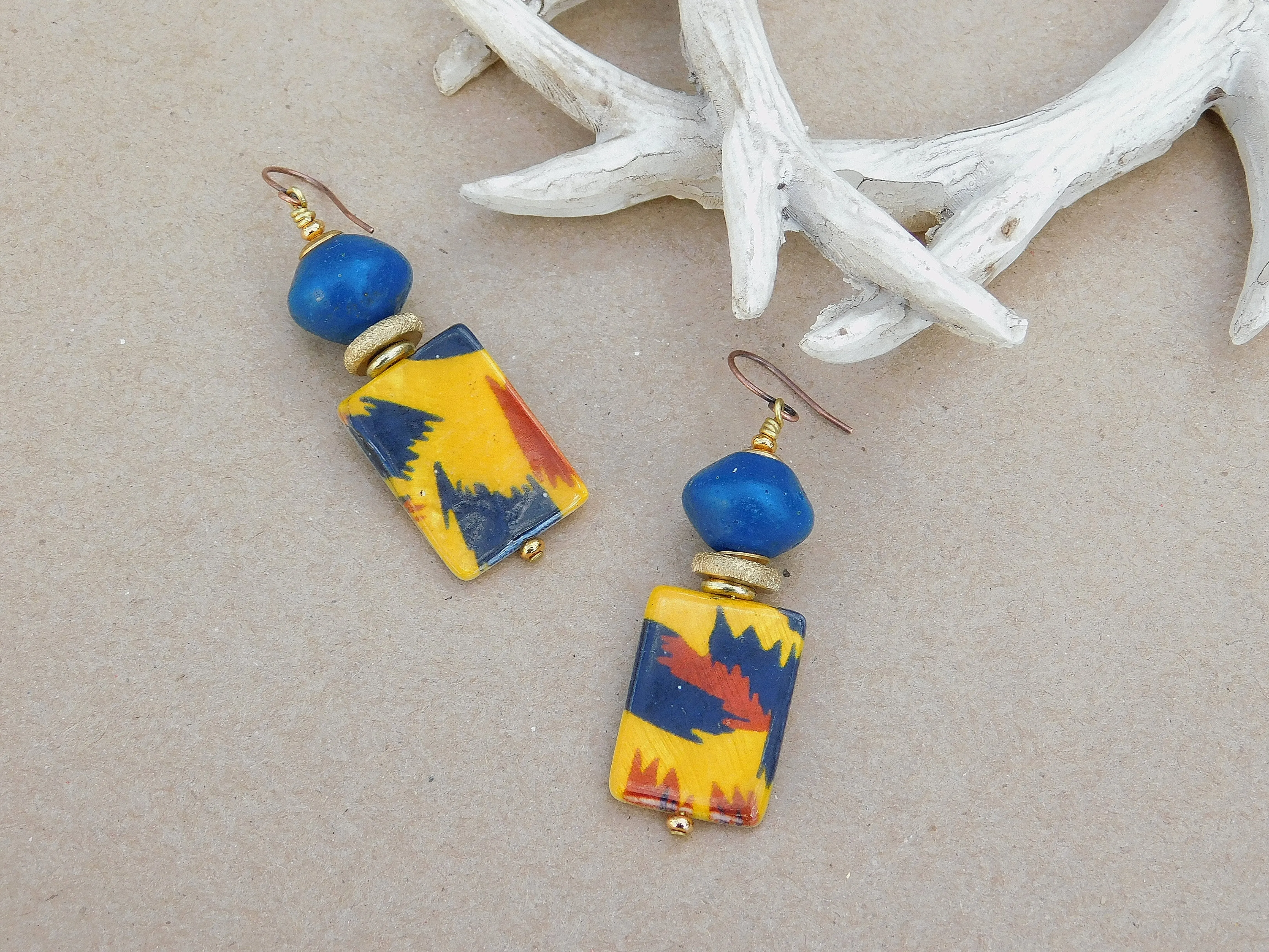 Blue Bicone and Tiger Print Mother of Pearl Earrings