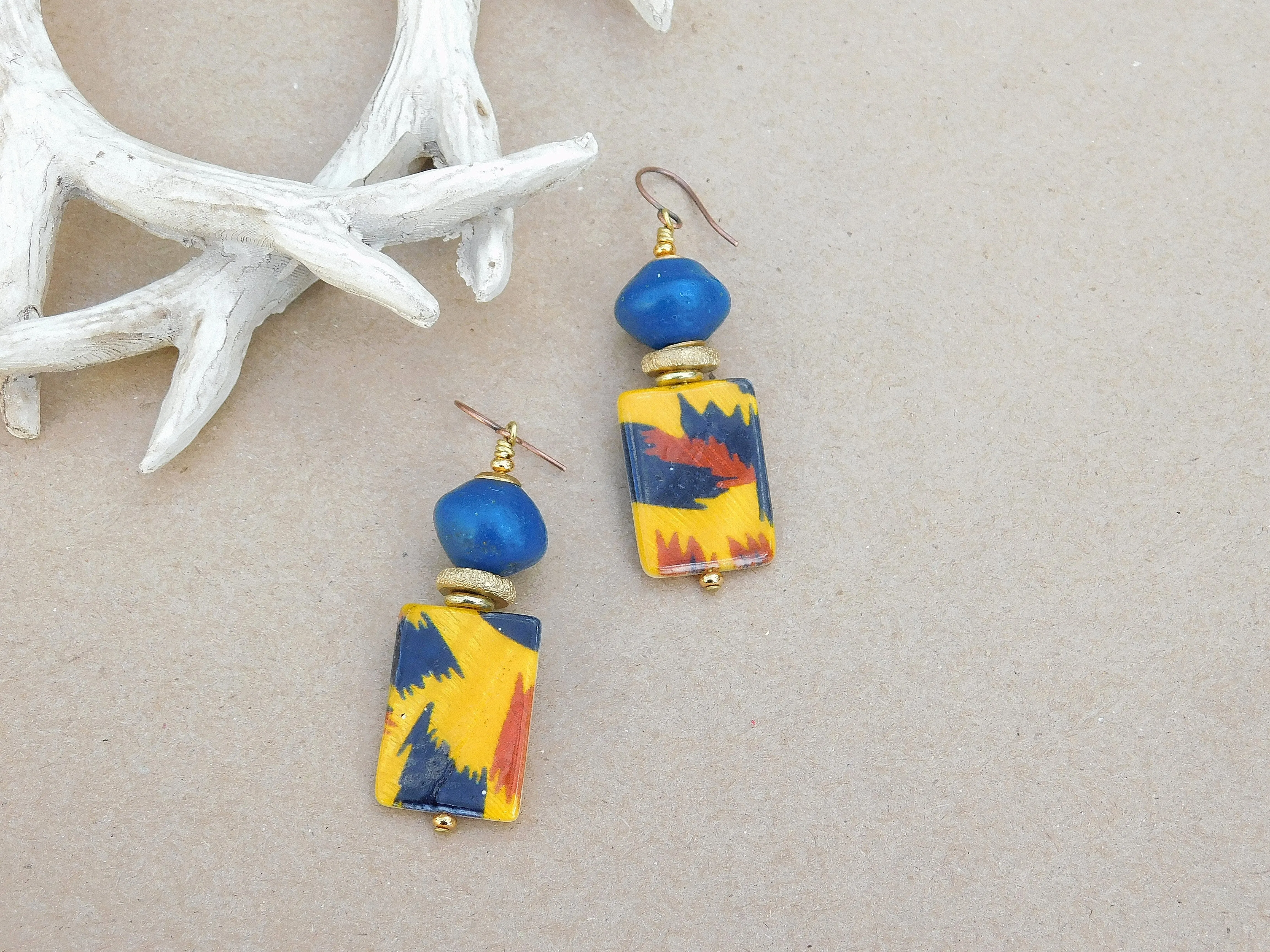 Blue Bicone and Tiger Print Mother of Pearl Earrings