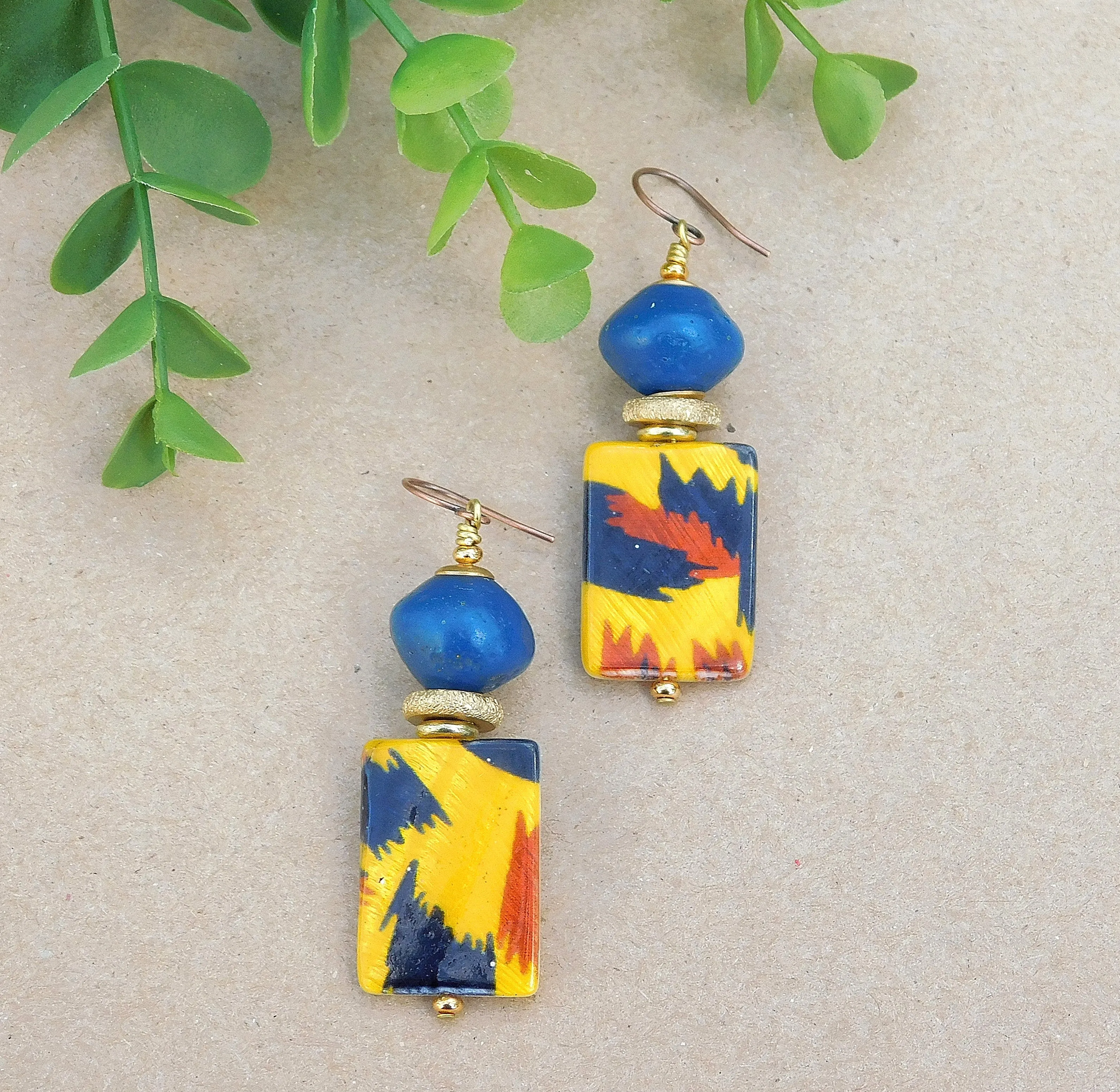 Blue Bicone and Tiger Print Mother of Pearl Earrings