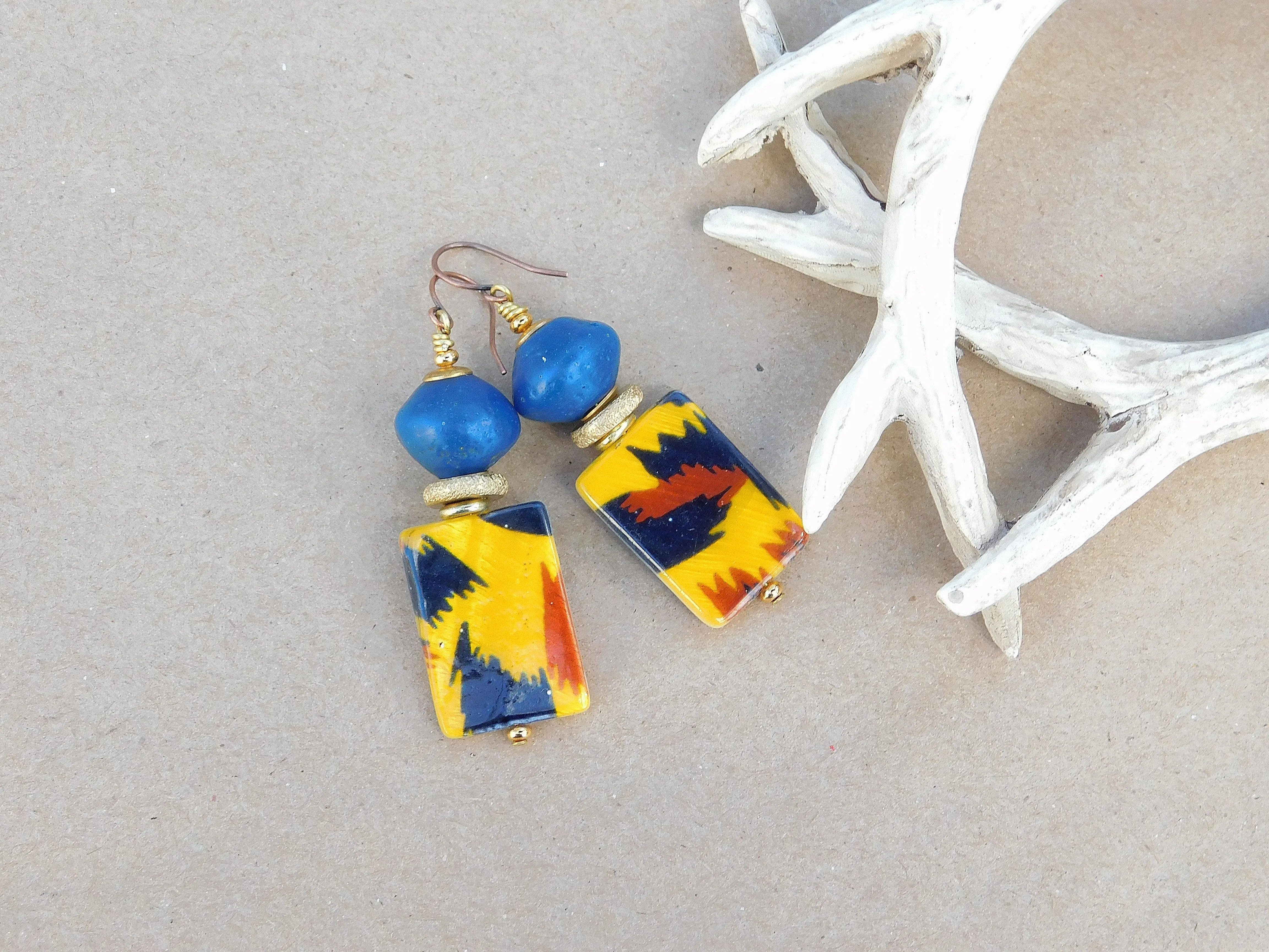 Blue Bicone and Tiger Print Mother of Pearl Earrings