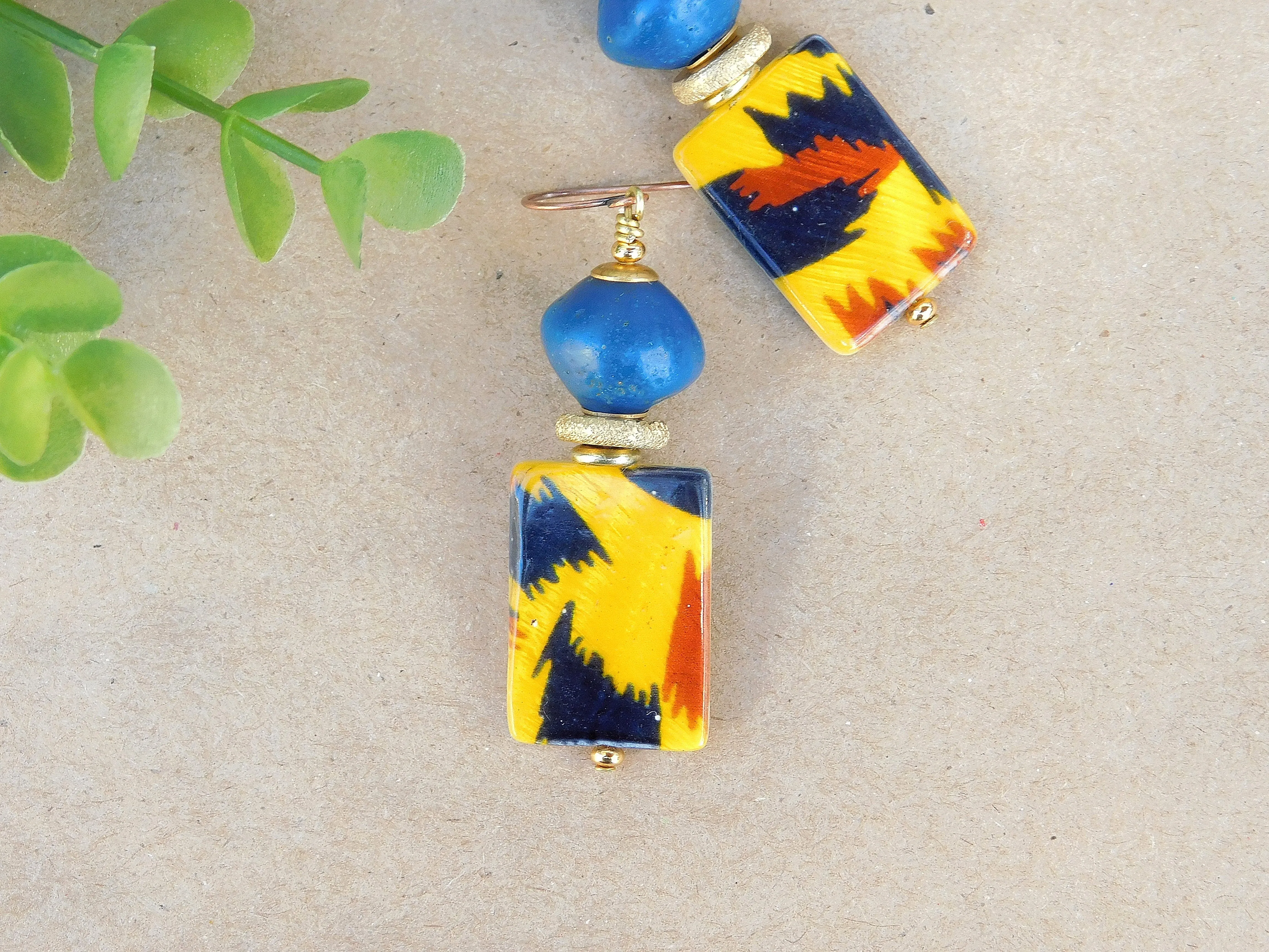 Blue Bicone and Tiger Print Mother of Pearl Earrings