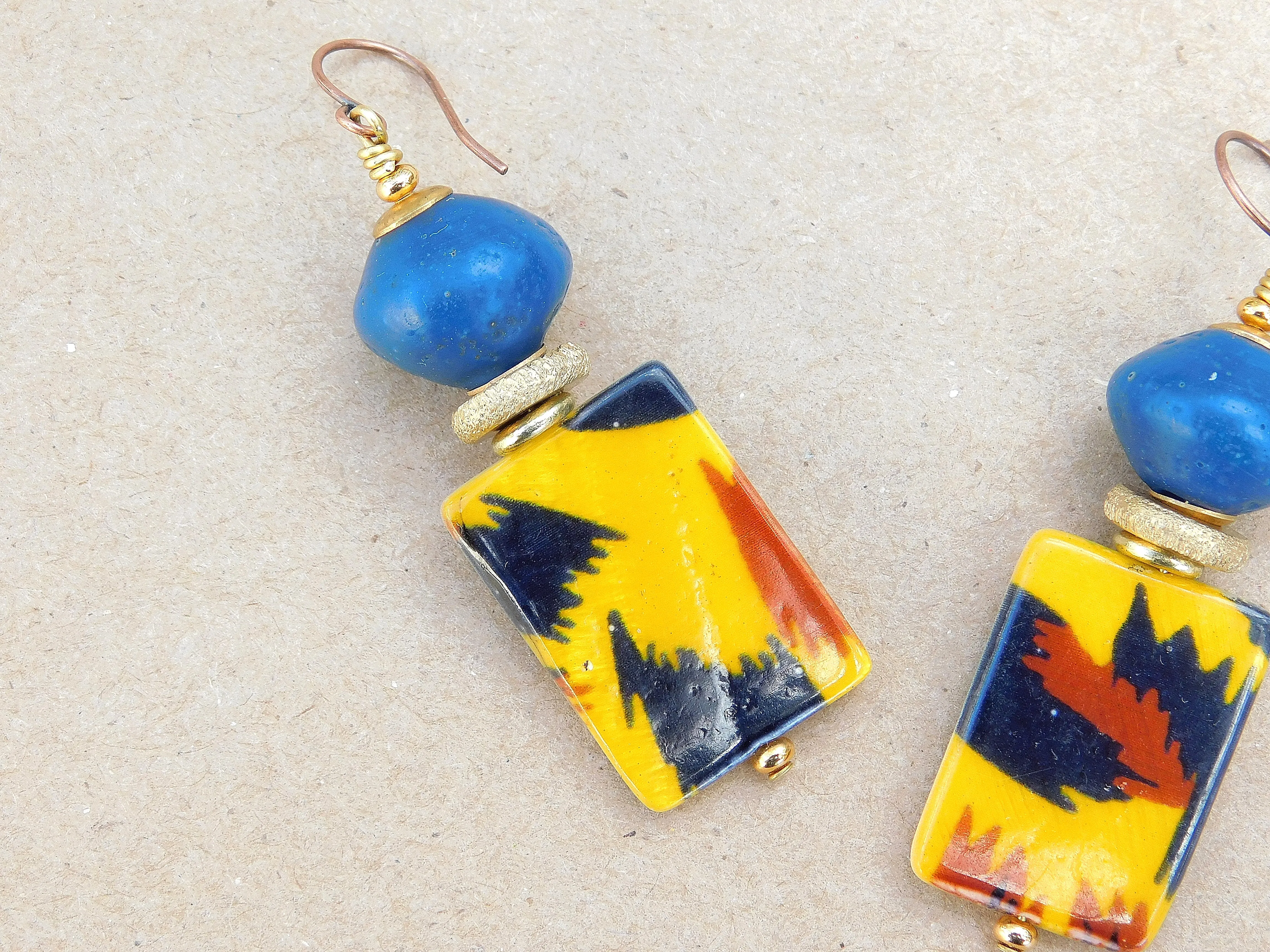 Blue Bicone and Tiger Print Mother of Pearl Earrings