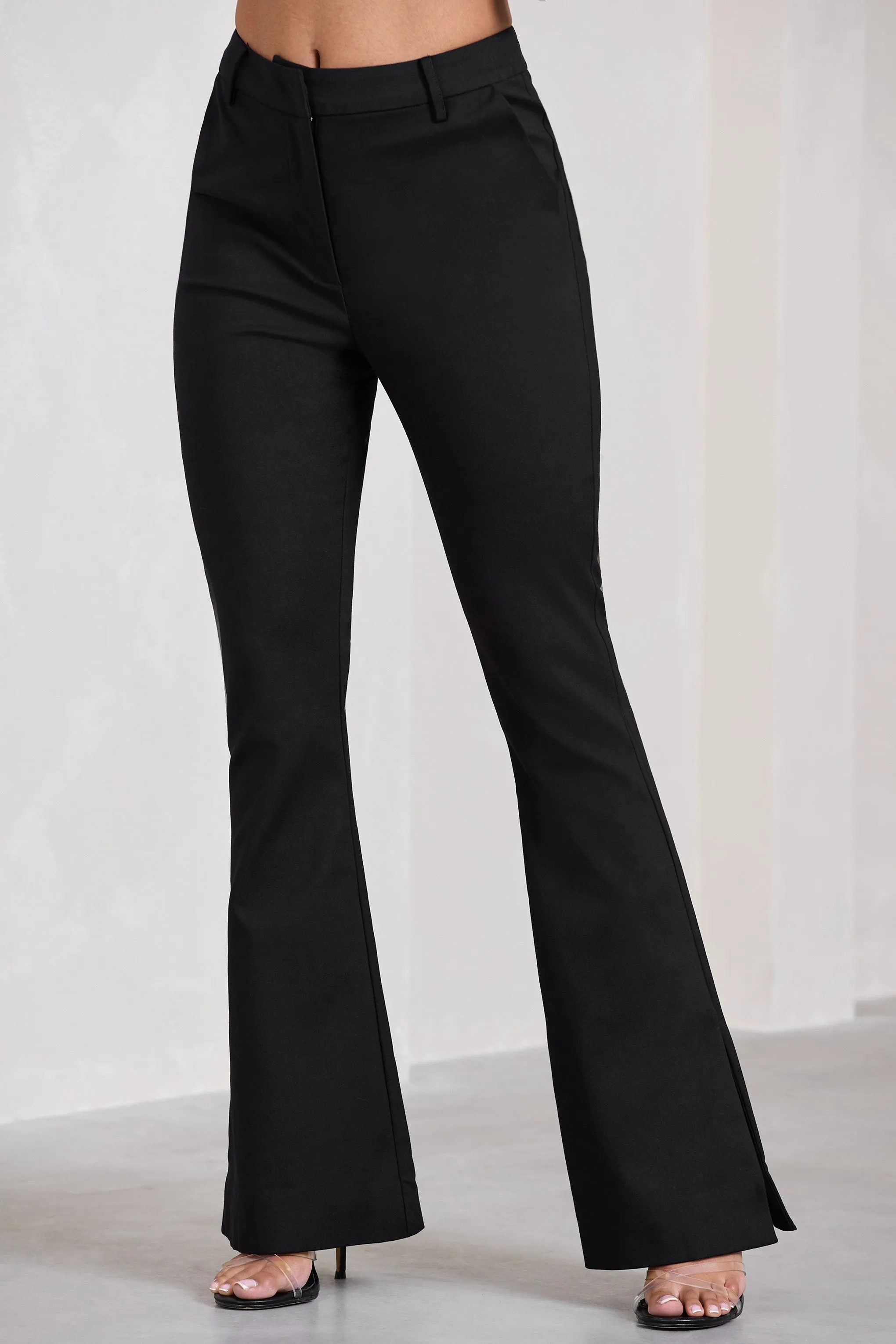 Brianca | Black High-Waisted Split Wide-Leg Trousers