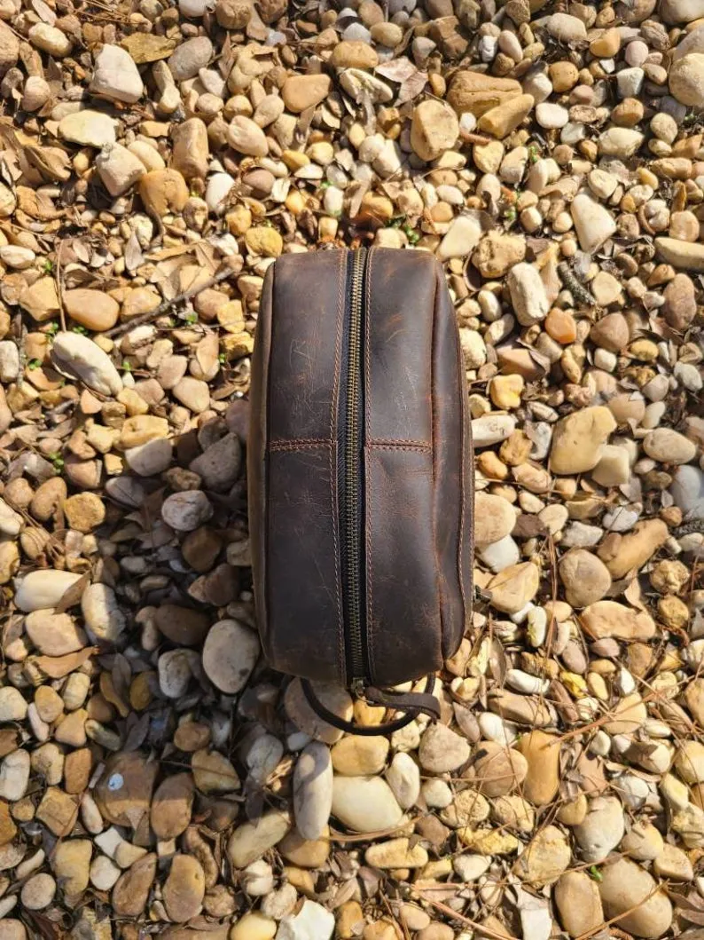 Buffalo Leather Travel Toiletry Bag - Chestnut Brown