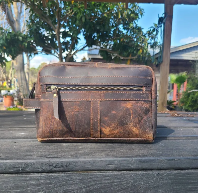 Buffalo Leather Travel Toiletry Bag - Chestnut Brown