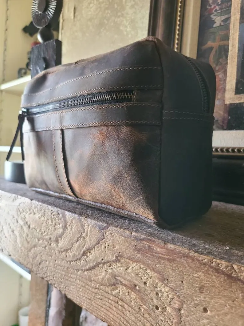 Buffalo Leather Travel Toiletry Bag - Chestnut Brown