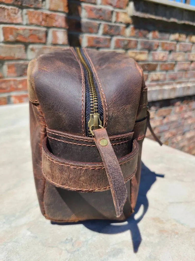 Buffalo Leather Travel Toiletry Bag - Chestnut Brown