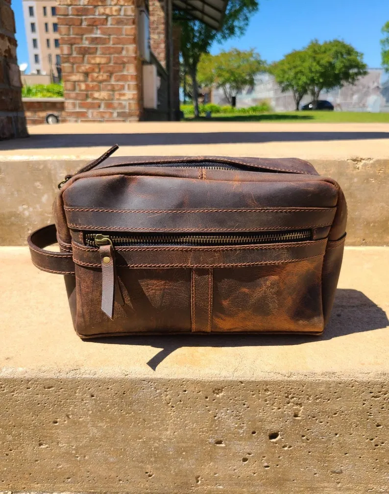 Buffalo Leather Travel Toiletry Bag - Chestnut Brown