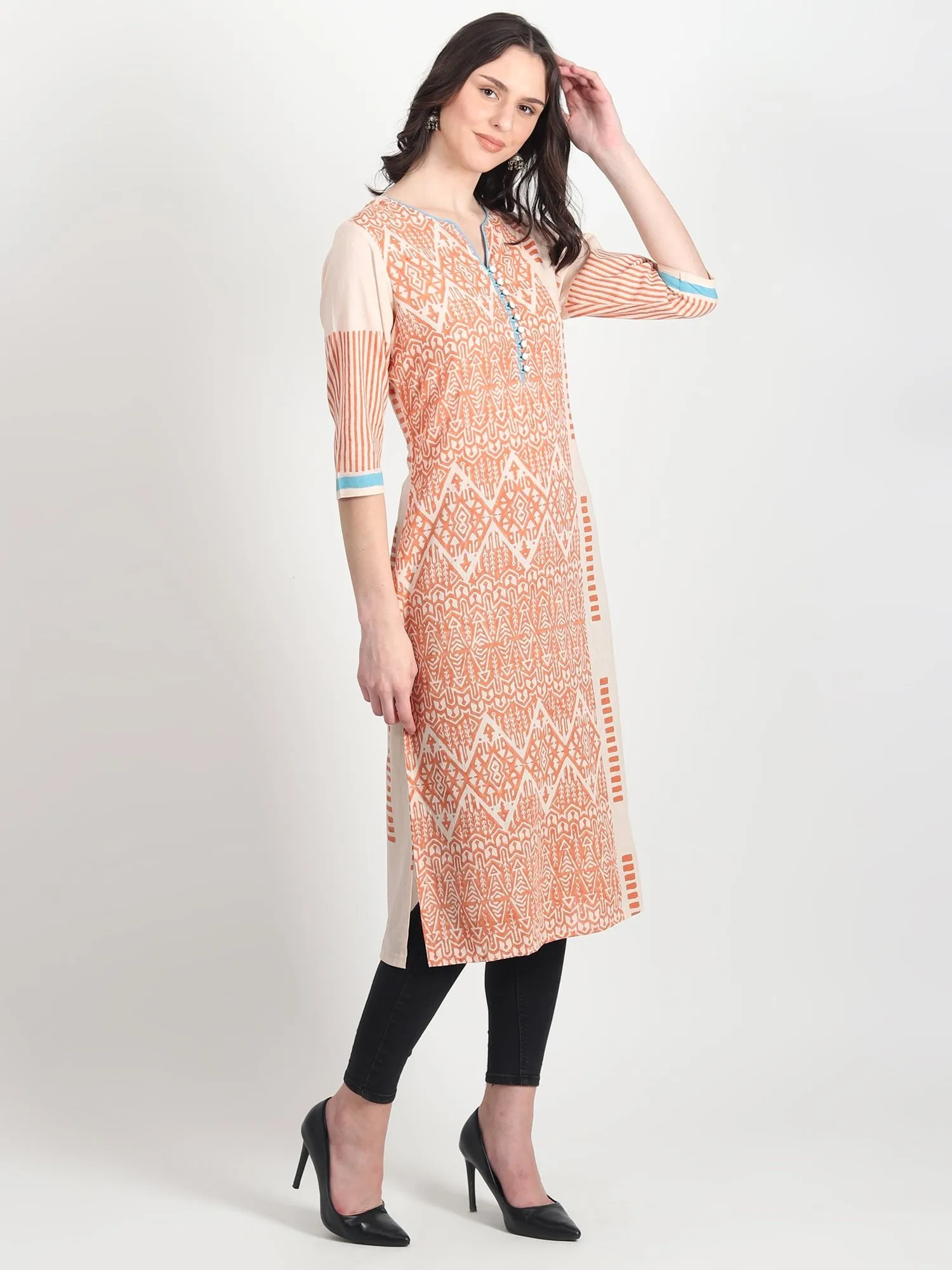 CASPAR Hand Block Printed Straight Kurti  Geometric ,Tribal Motifs