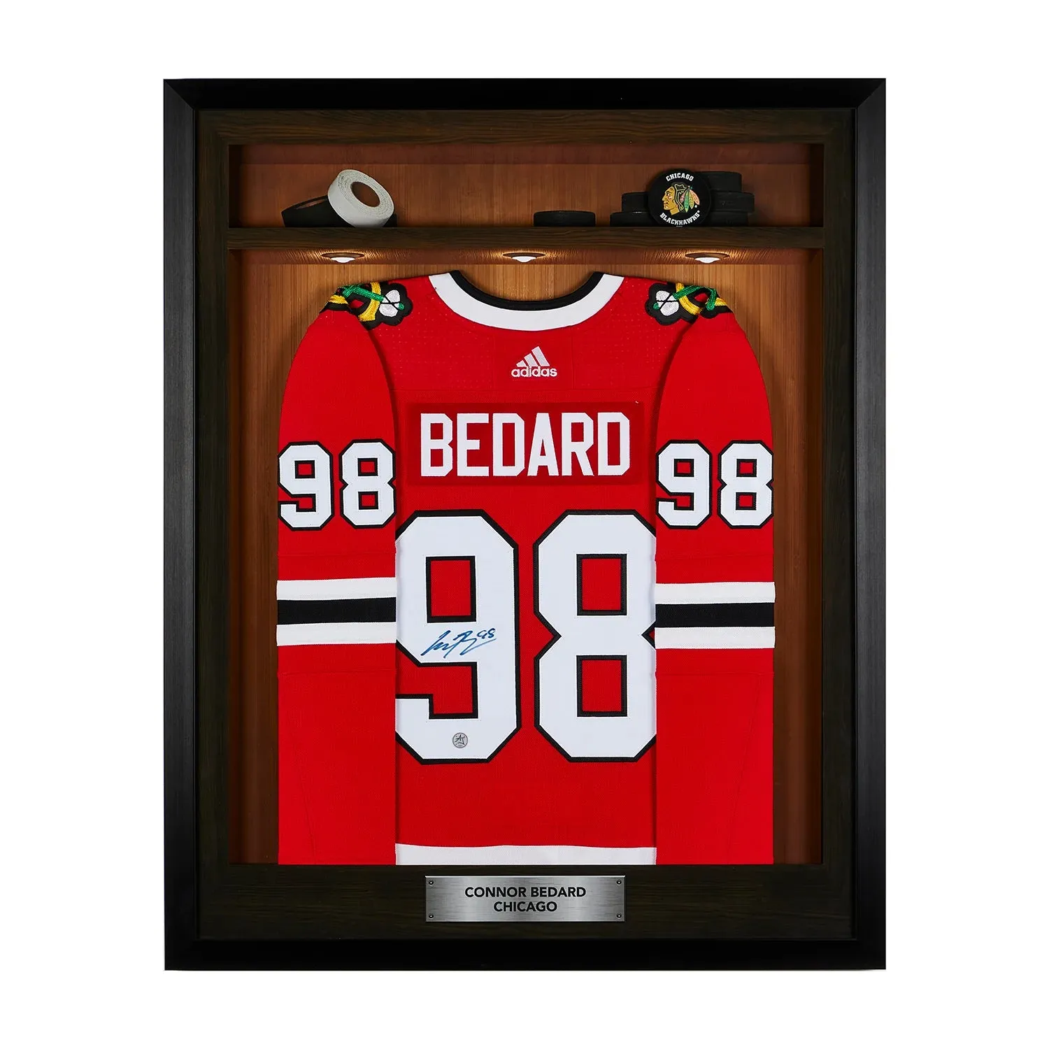 Connor Bedard Signed Chicago Blackhawks Locker Room 36x44 Jersey Frame