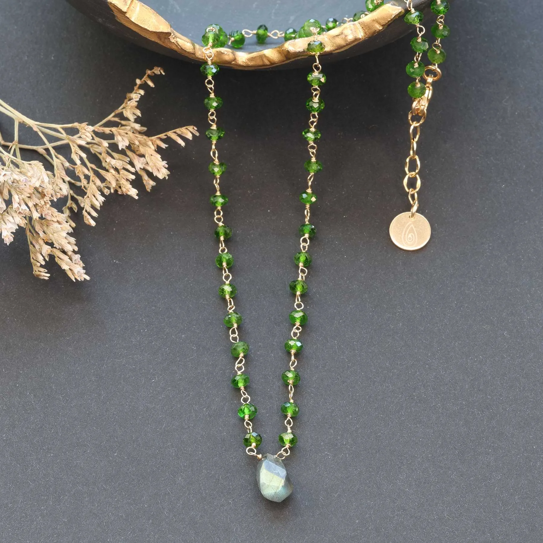 Delicate Chrome Diopside and Labradorite Gold Necklace