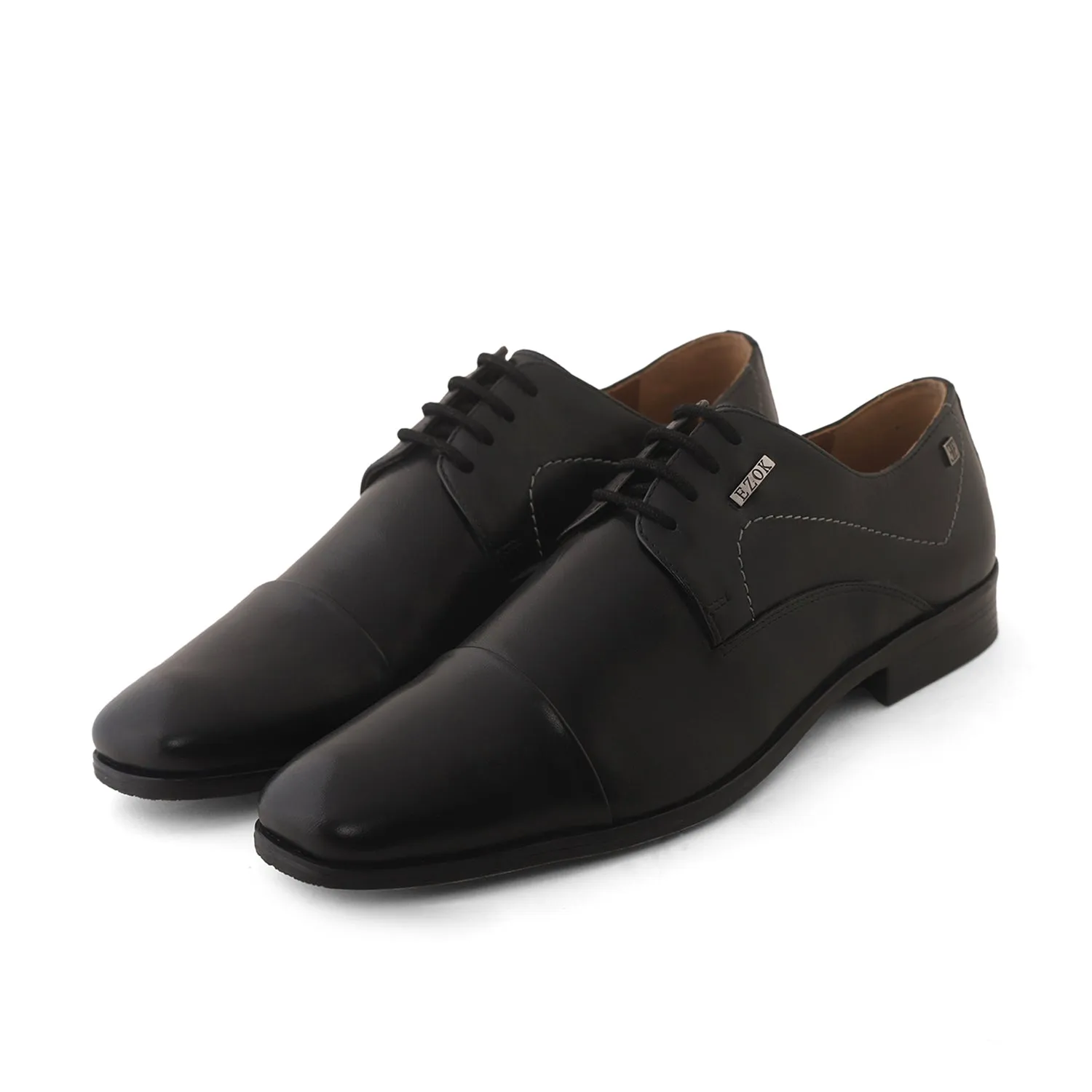 Ezok Black Formal Cap Toe Leather Derby Shoes