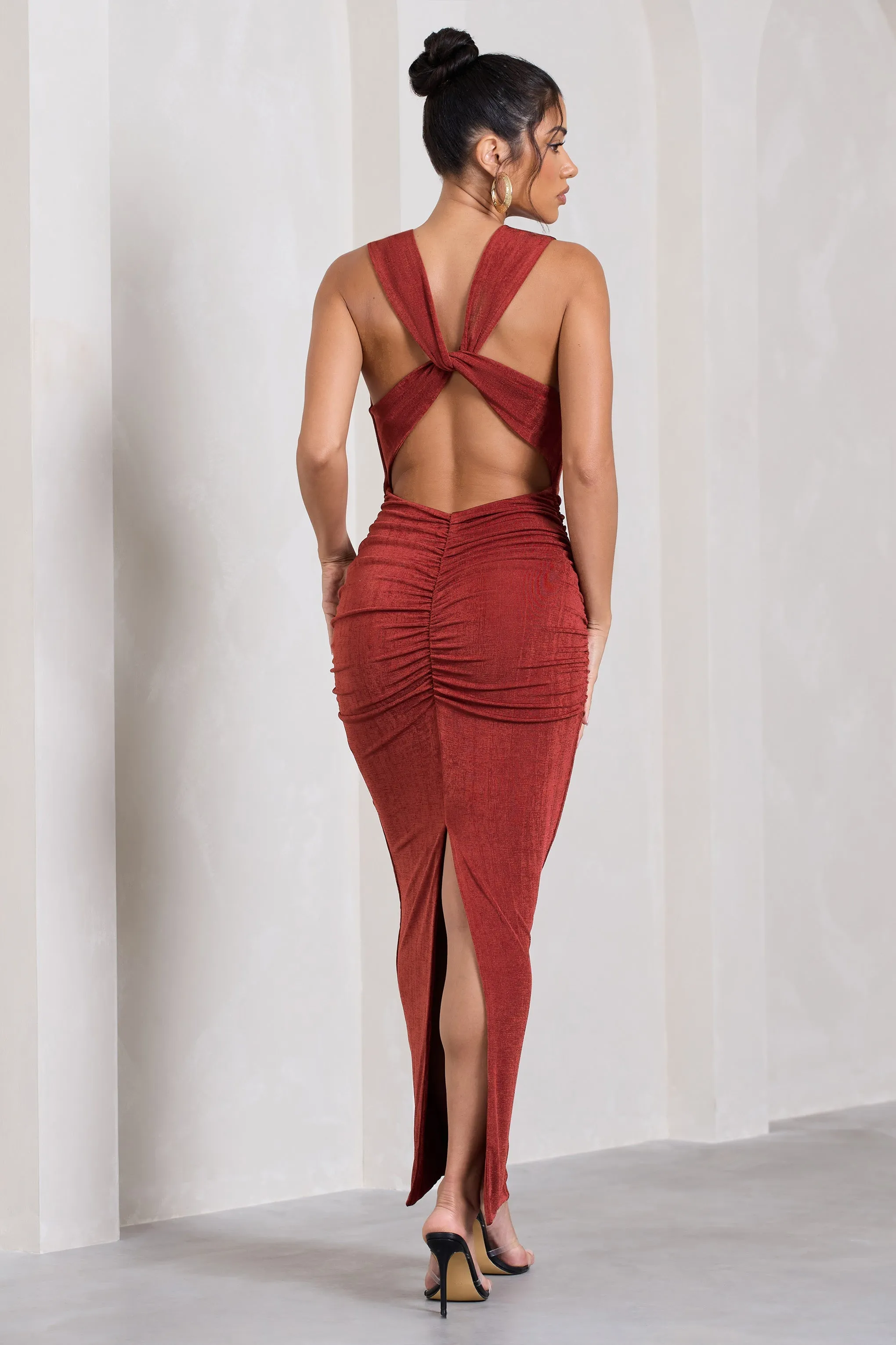 Finely Formed | Rust Red Ruched Cowl-Neck Bodycon Maxi Dress