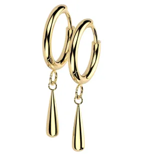 Gold PVD Titanium Teardrop Dangle Hinged Hoop Huggie Earrings