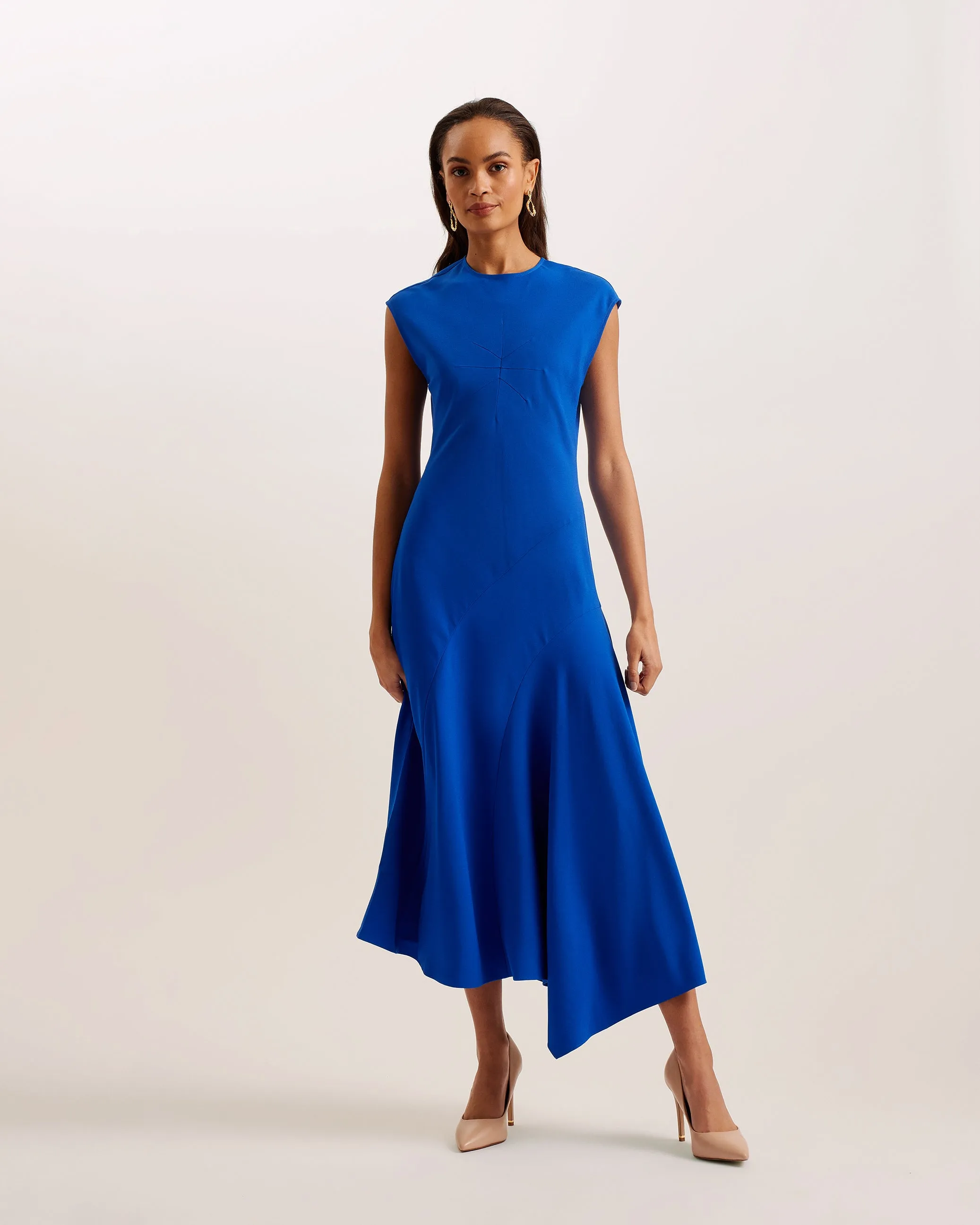 Isparta Asymmetric Satin Midi Dress Mid-Blue