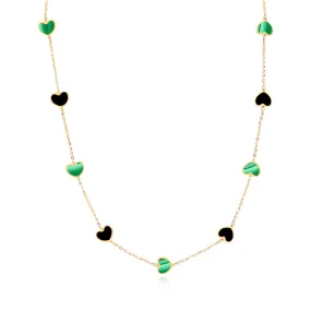 Malachite and Onyx Mixed Heart Station Necklace