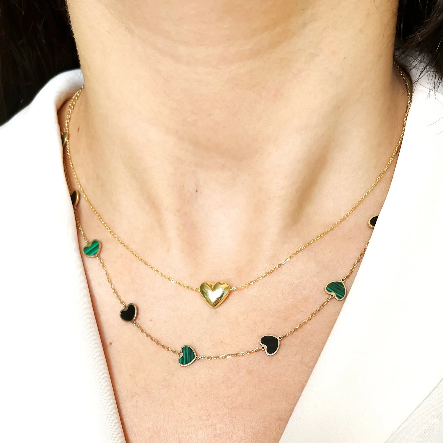 Malachite and Onyx Mixed Heart Station Necklace