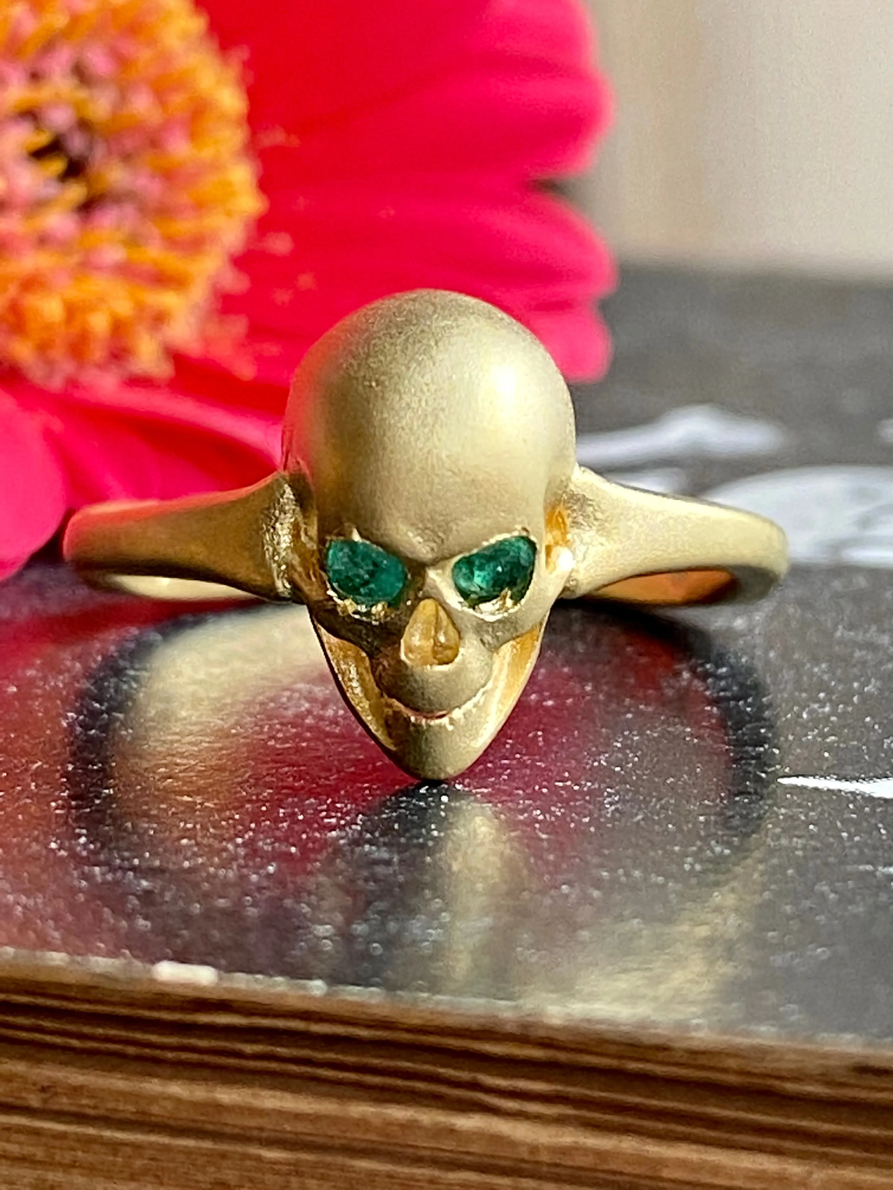 Memento Mori Skull Ring with Emeralds