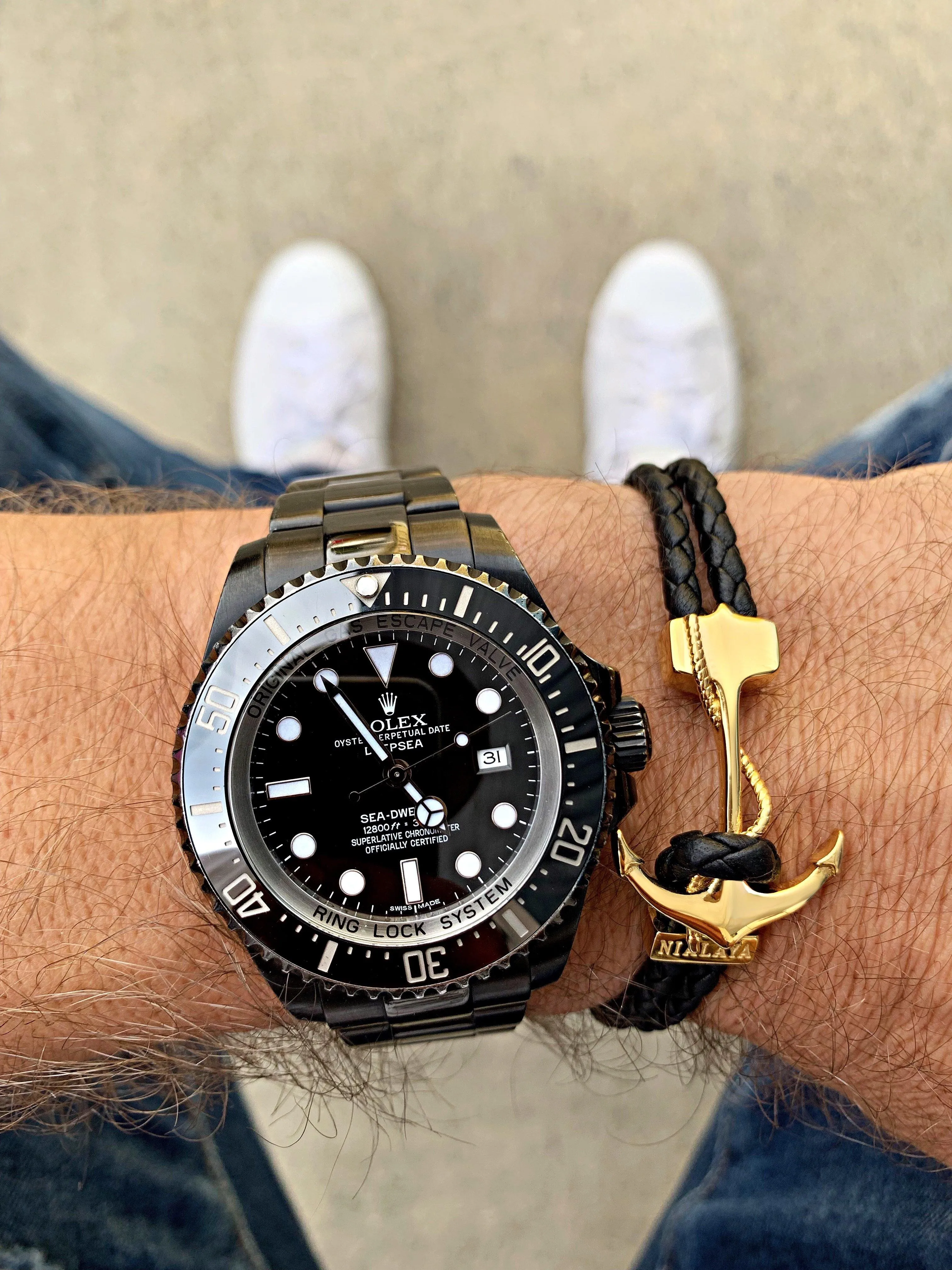 Men's Black Leather Bracelet with Gold Anchor