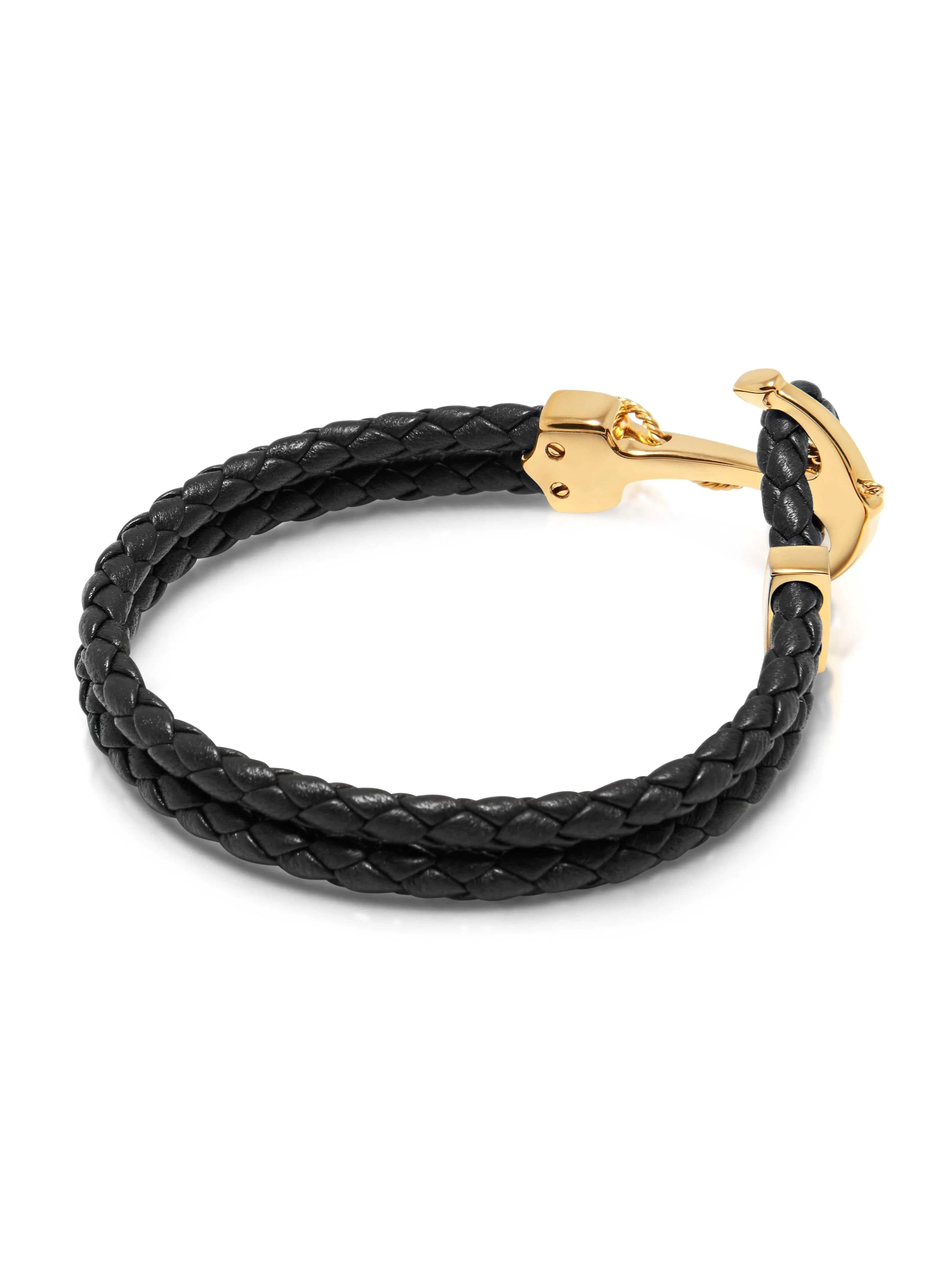 Men's Black Leather Bracelet with Gold Anchor