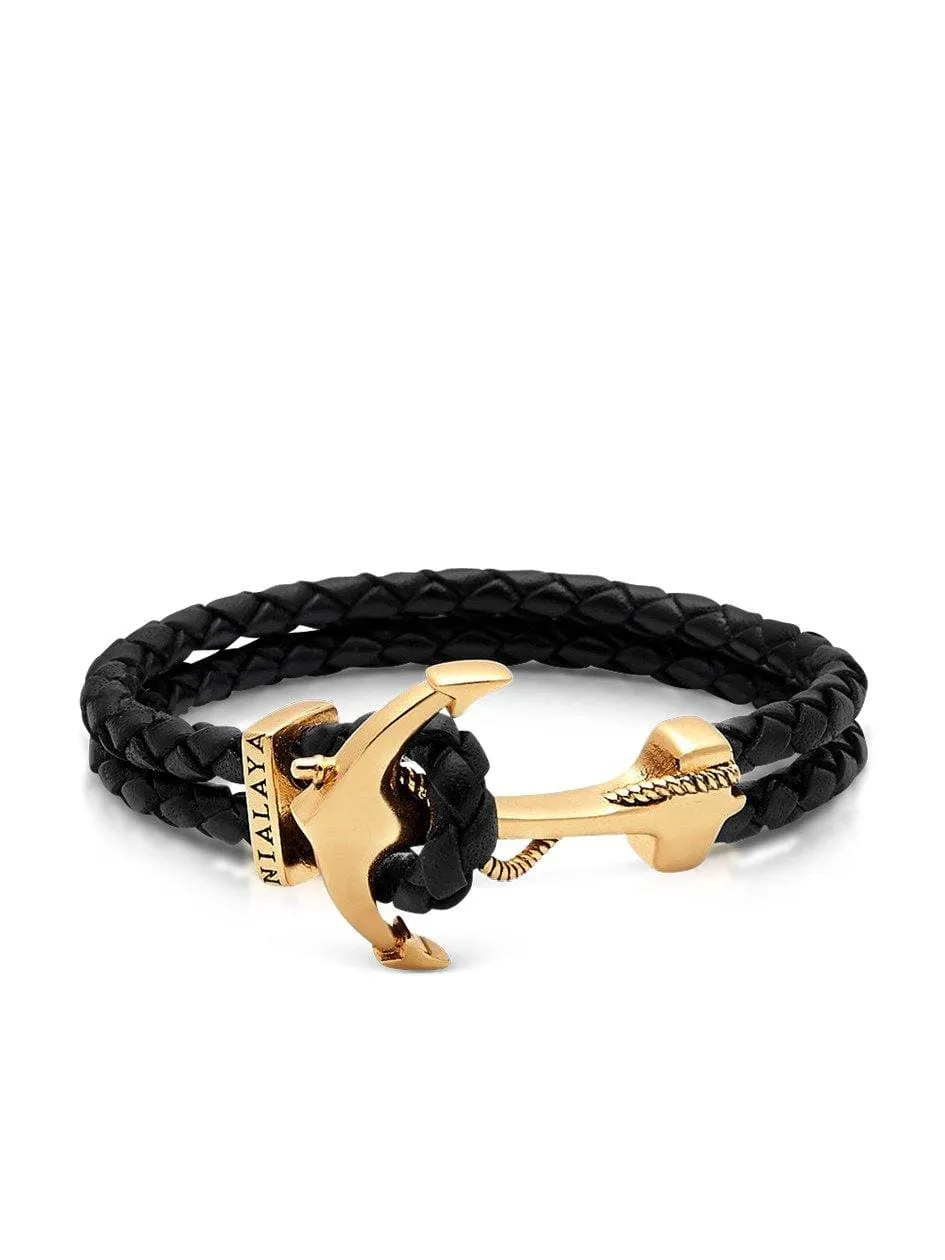 Men's Black Leather Bracelet with Gold Anchor