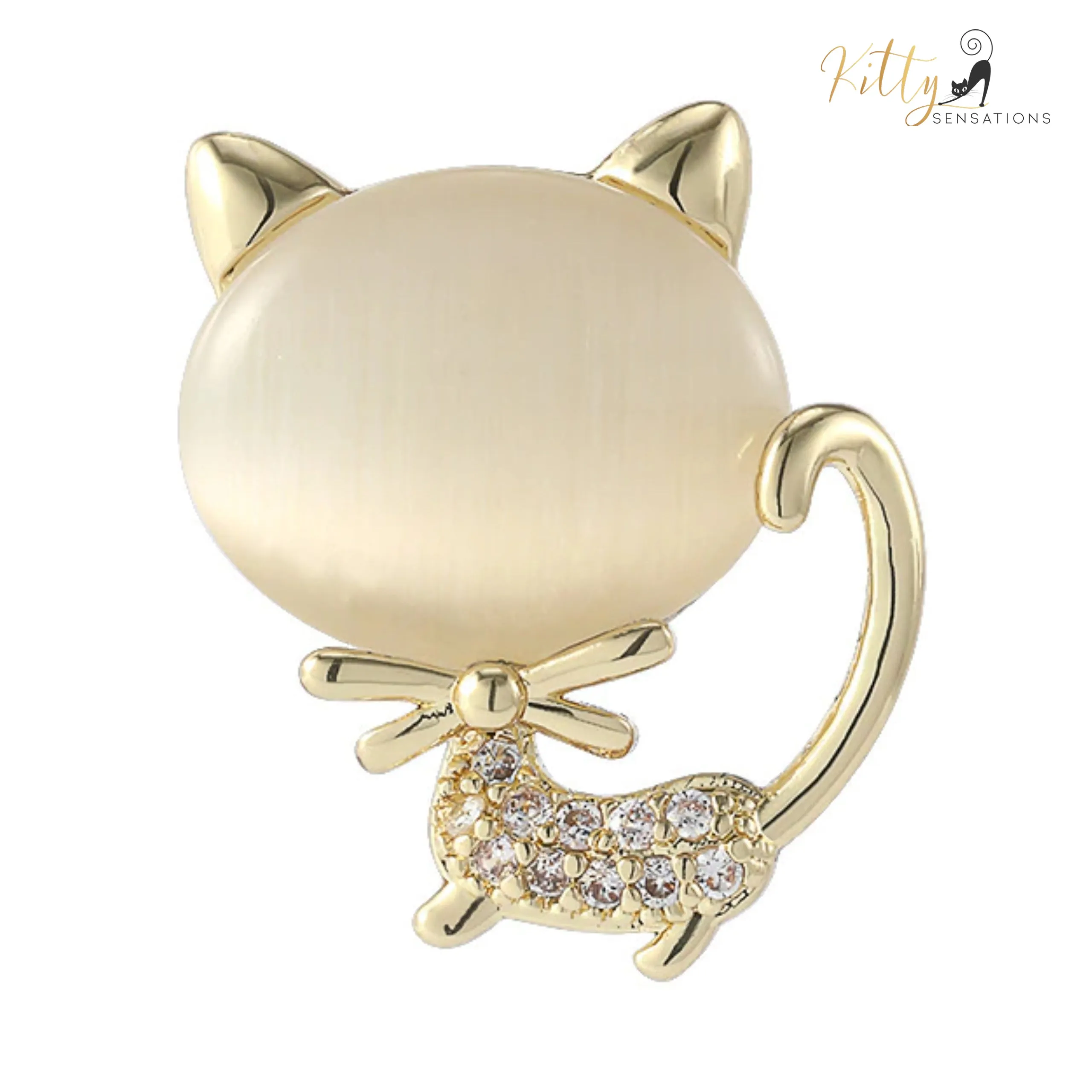 Natural Opal Bow Cat CZ Brooch/Lapel Pin